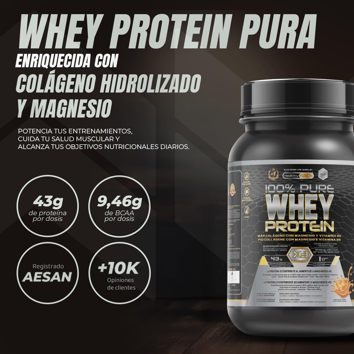 Healthy Fusion Whey Protein | Proteína Whey pura con Colágeno + Magnesio | Mejora tus entrenamientos | Protege y aumenta la masa muscular | 1000g de proteína