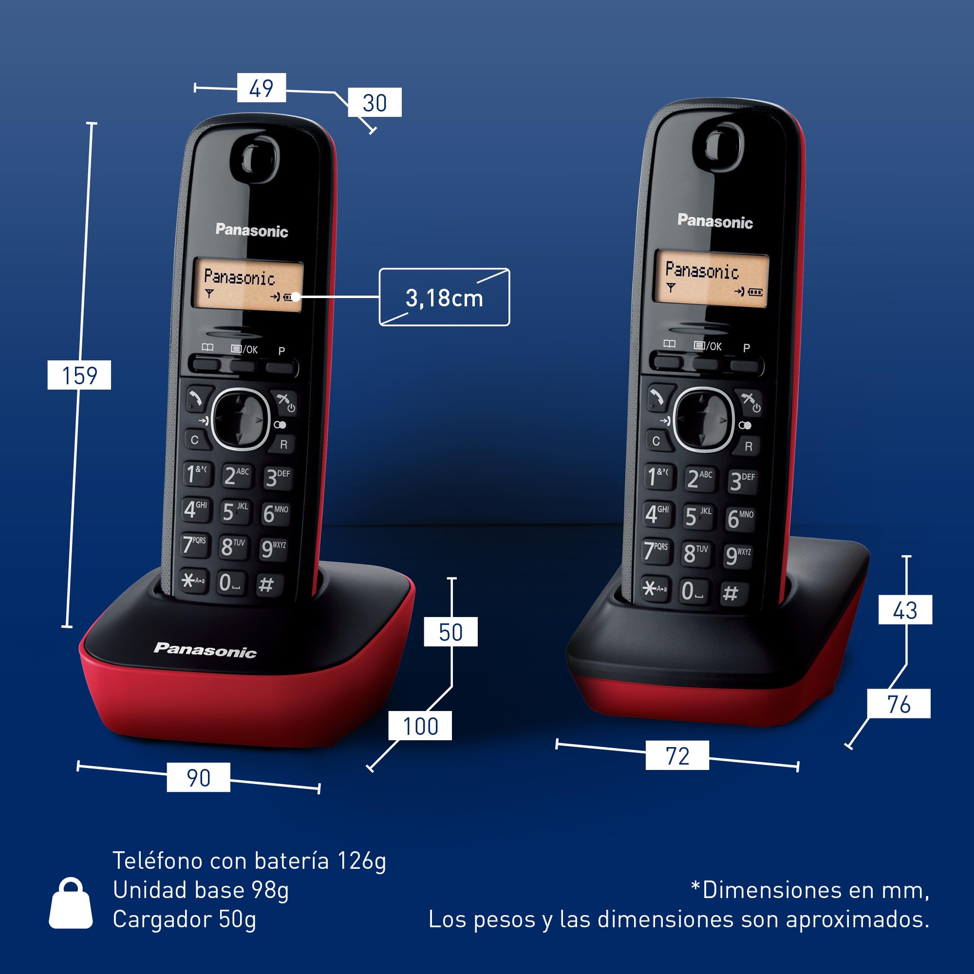 Panasonic KX-TG1612SPR Telefone sem fio digital DECT, unidade base e 2 auscultadores, identificador de chamadas, bateria de longa duração, ecrã LCD, agenda, rediscagem, despertador, vermelho