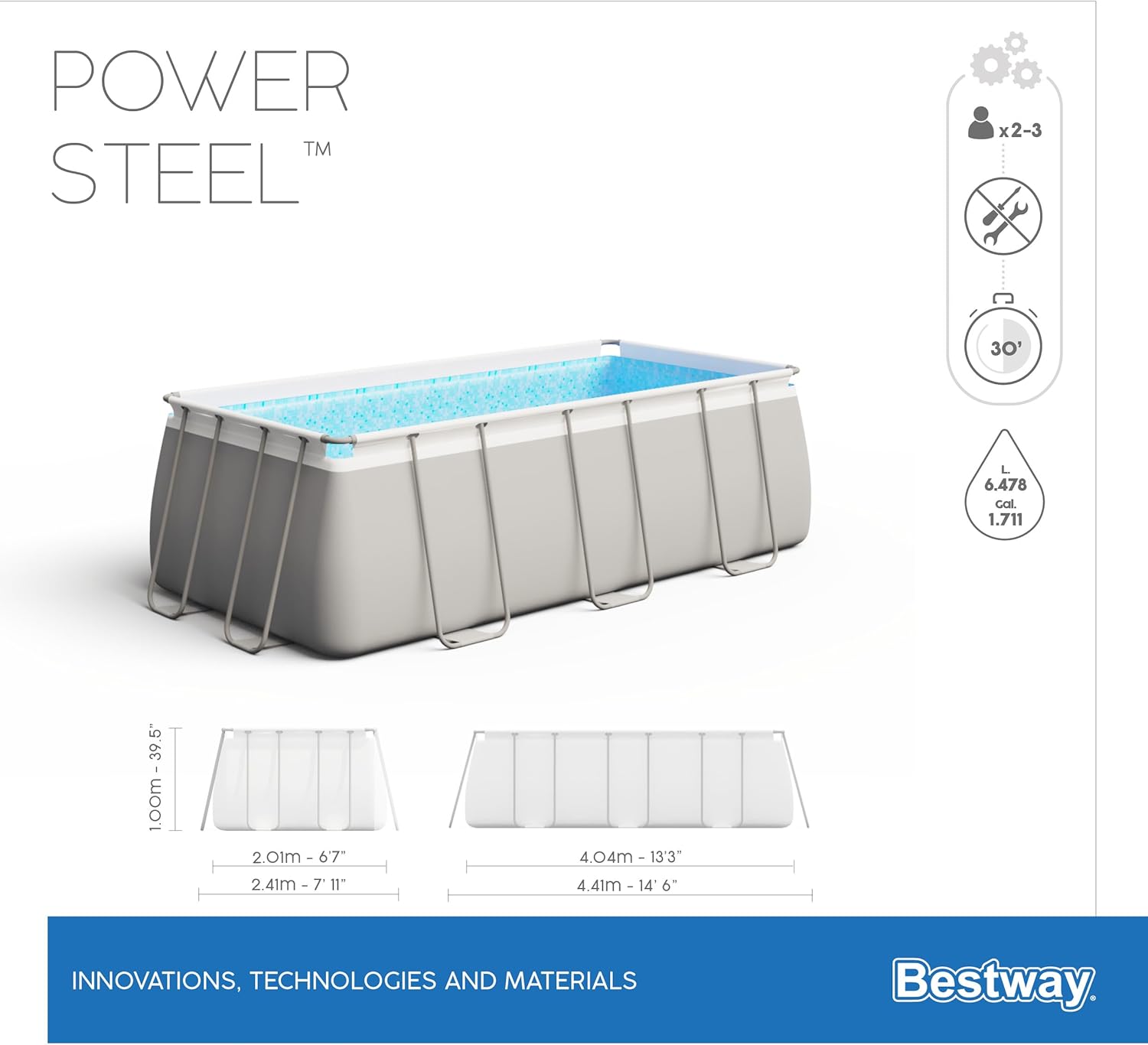 Power Steel™ 13'3" x 6'7" x 39,5"/4,04 m x 2,01 m x 1,00 m, conjunto de piscina retangular