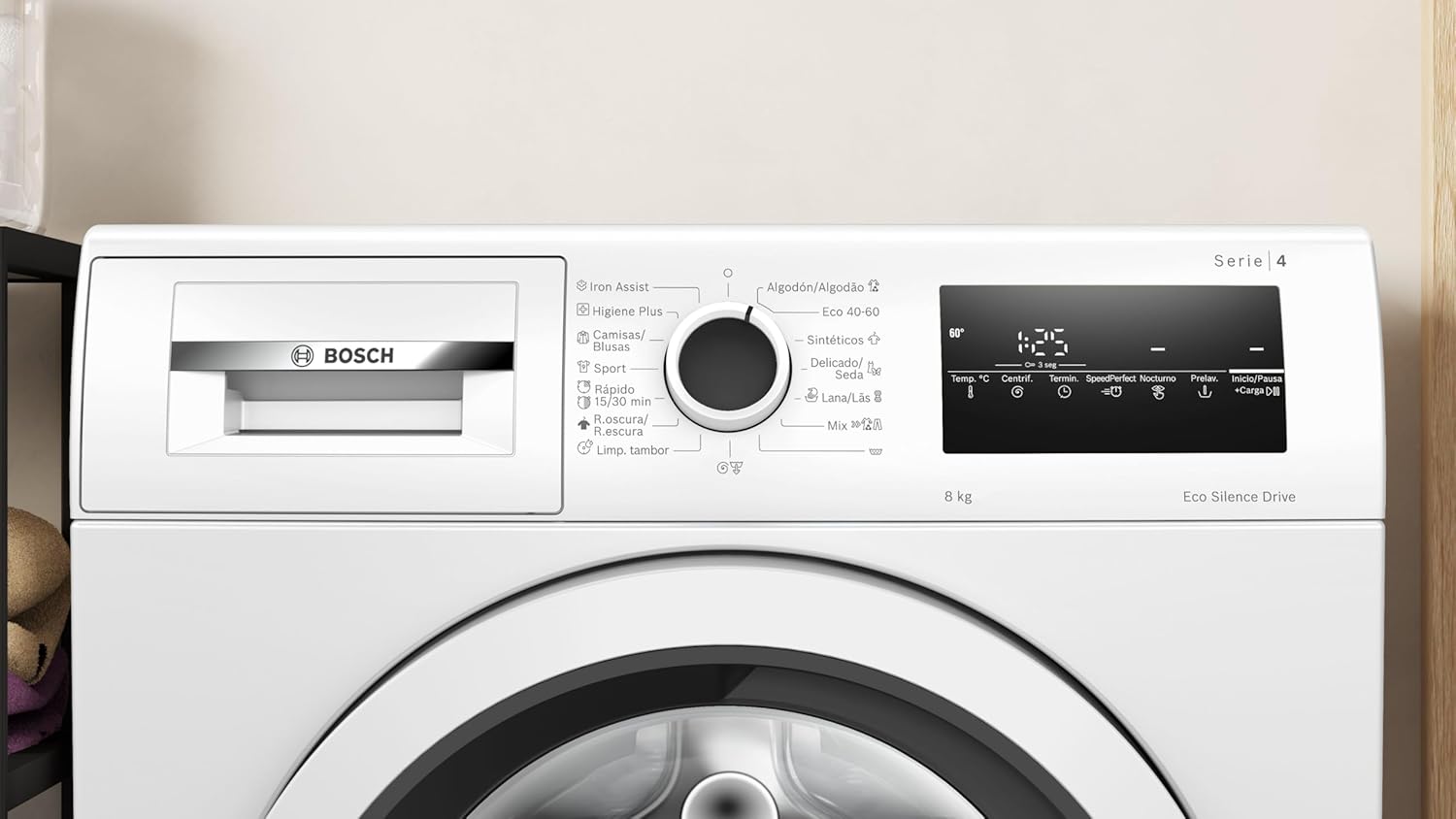 Bosch - Máquina de lavar livre instalação, 8 kg, 1200 RPM, série 4, função pausa carregamento, Iron Assist, Motor EcoSilence, branco, WAN24272ES