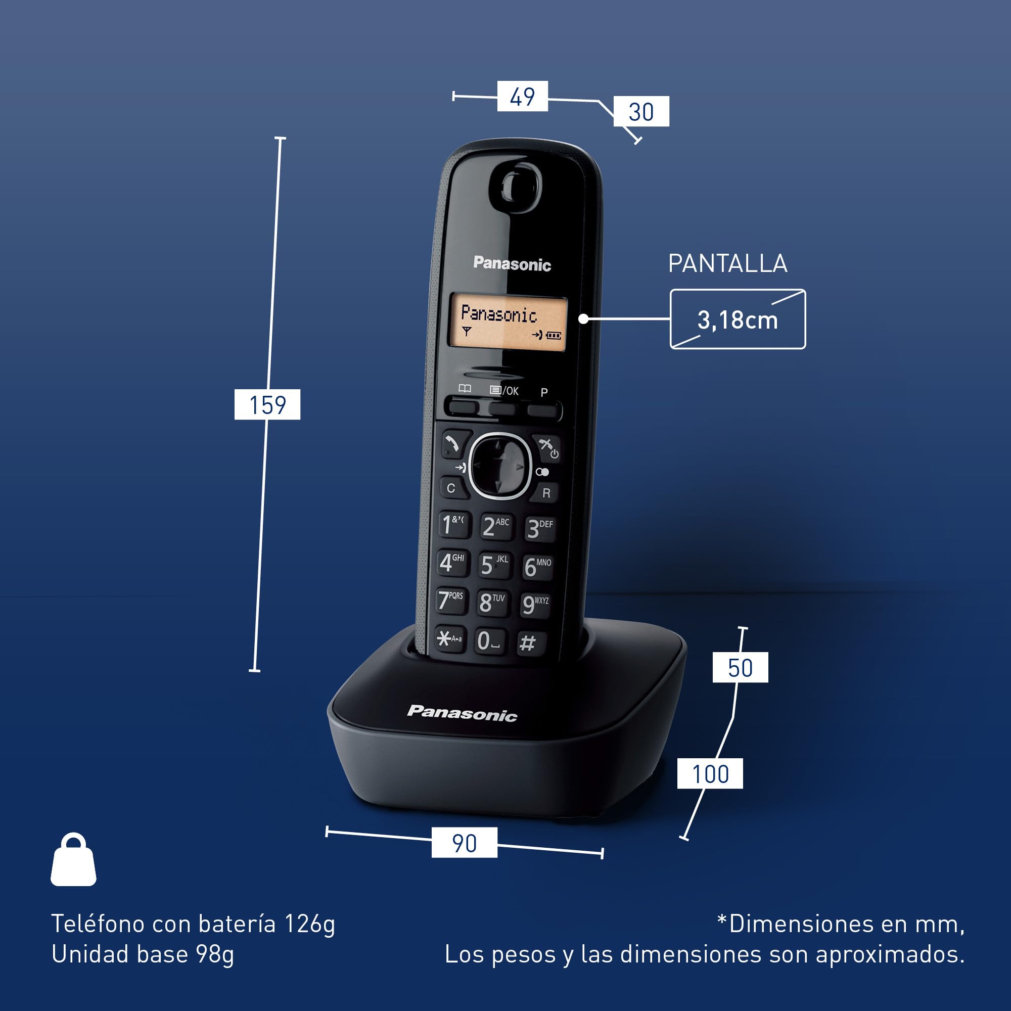 Panasonic KX-TG1611SPH - Telefone fixo sem fio DECT, LCD, identificador de chamadas, agenda para 50 números, tecla de navegação, alarme, relógio, cor preta