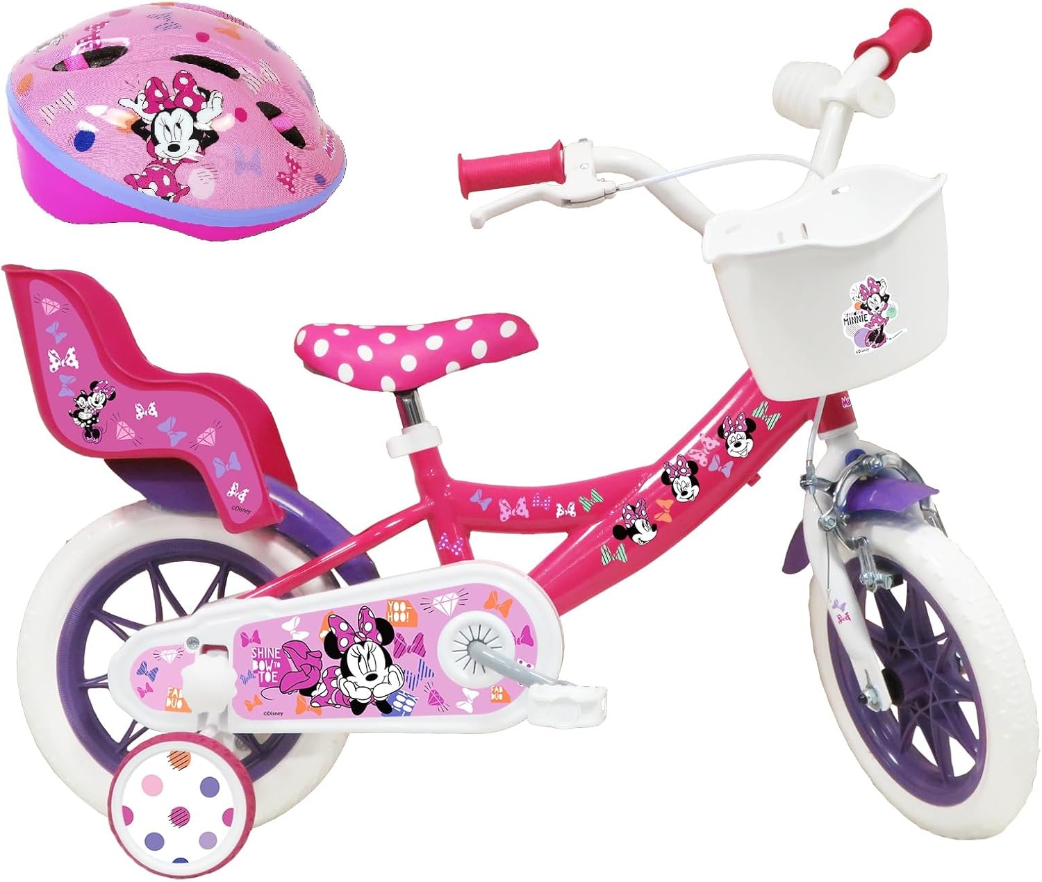 A.T.L.A.S. Bicicleta Infantil de 12 Pulgadas Minnie de Disney Equipada con 1 Freno, Cesta Delantera, Soporte para muñeca Trasera, Guardabarros + Casco Incluido niña, Niñas, Rosa, 12''