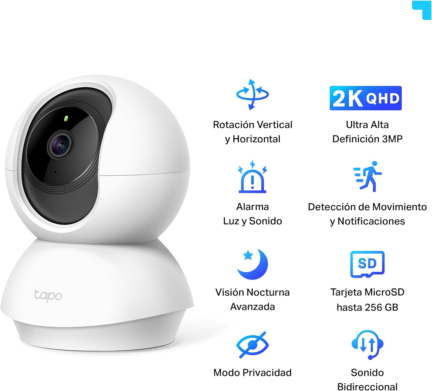 Câmara Wi-Fi interior TP-Link de 3 MP (2K), câmara de vigilância, visão noturna, notificações em tempo real, armazenamento em nuvem e MicroSD de até 256 GB, Alexa e Google Assistant (Tampa C210)