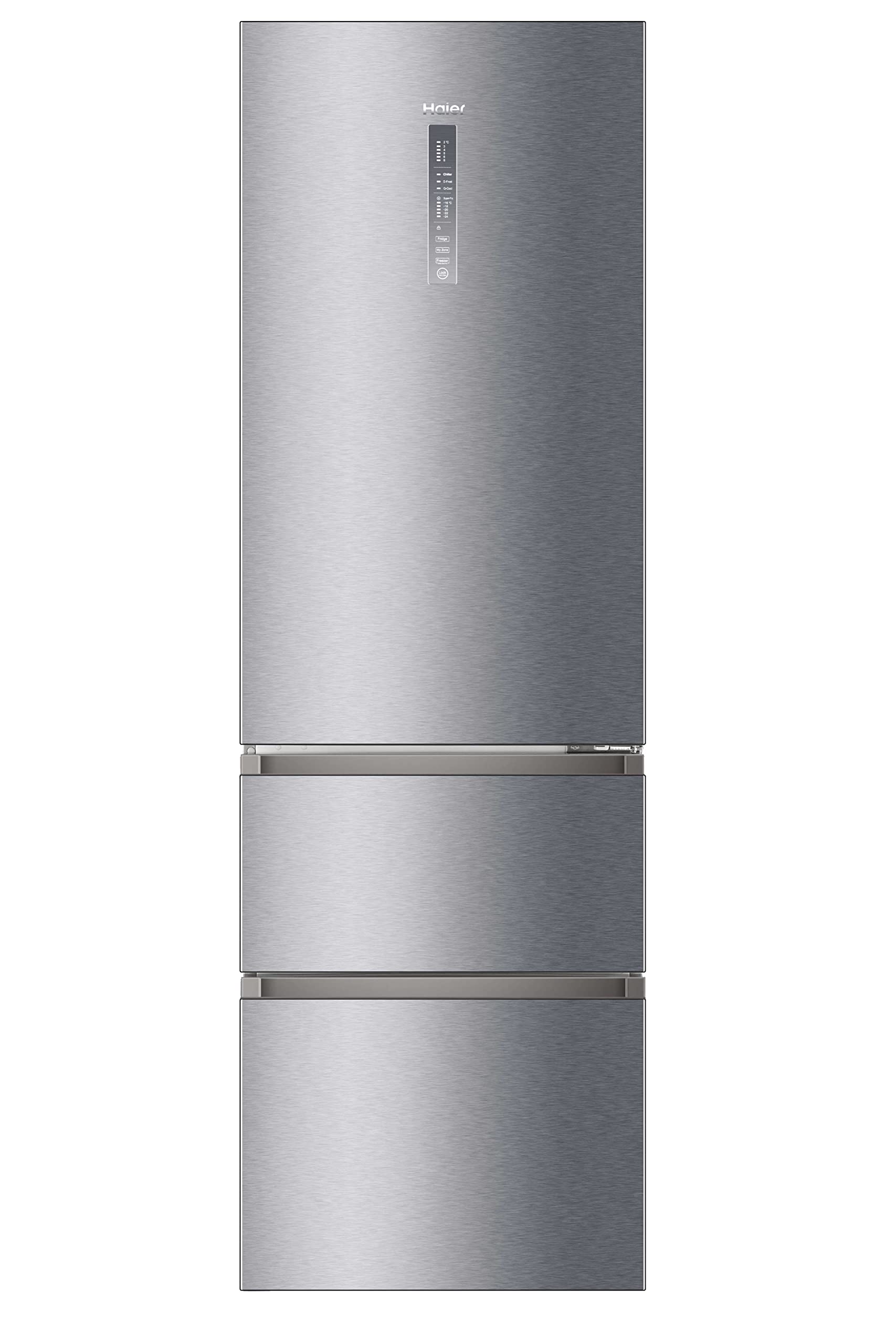 Haier 3D Frigorífico Combinado 3D, motor de inverno, gavetas Direct Access no congelador, garrafeiro, Humidity Zone, 371 l, total sem rost, classe D, inoxidável, largura: 60 cm, altura: 200 cm