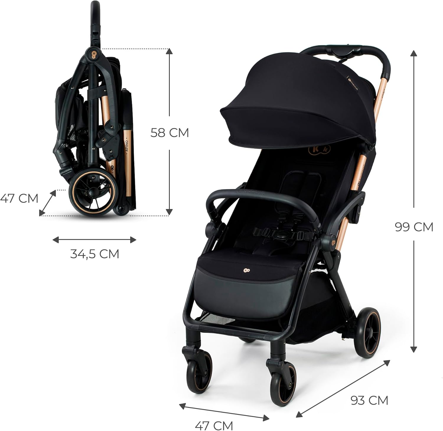 Kinderkraft APINO Cadeira de passeio para bebé, carrinho, carrinho de bebé, carro FOLDING, dobrável automático, posição reclinada, posição deitada, leve, 7,5 g, impermeável, carga máxima 24 kg, preto