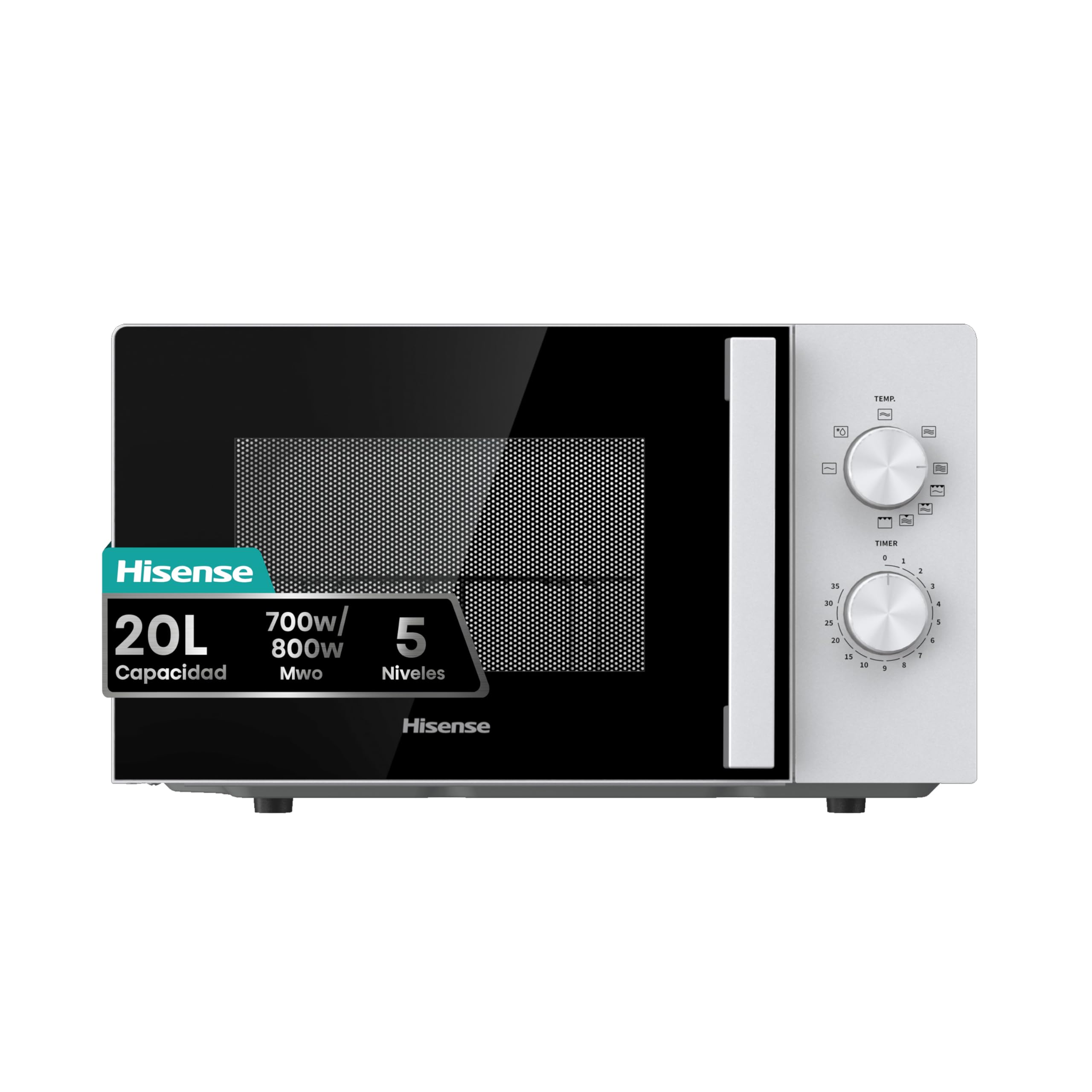 Hisense H20MOBP1G, micro-ondas com brilho de 20 l, 700 W de potência, 800 W Grill, revestimento cerâmico, vidro premium, 5 níveis, limpeza fácil, temporizador de cozedura, preto