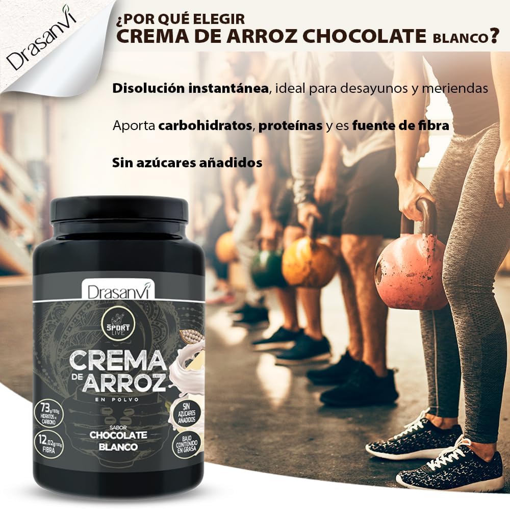 DRASANVI Creme de arroz | Creme de arroz fitness | Energia rápida e sustentada, Hidratos de carbono, fibra e proteínas de qualidade, sem gorduras nem açúcares adicionais, sabor chocolate branco - 1 kg