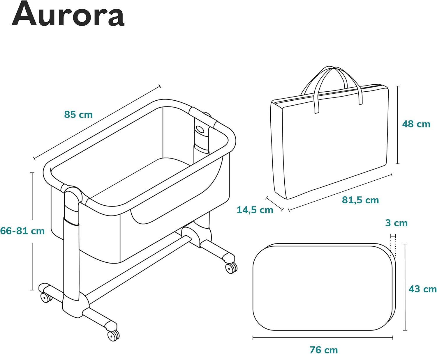 lionelo Aurora Berço de colecho 3 em 1 até 9 kg, berço de balanço, ajuste de altura e inclinação do colchão, 4 rodas com travão, colchão ergonómico, bolsa