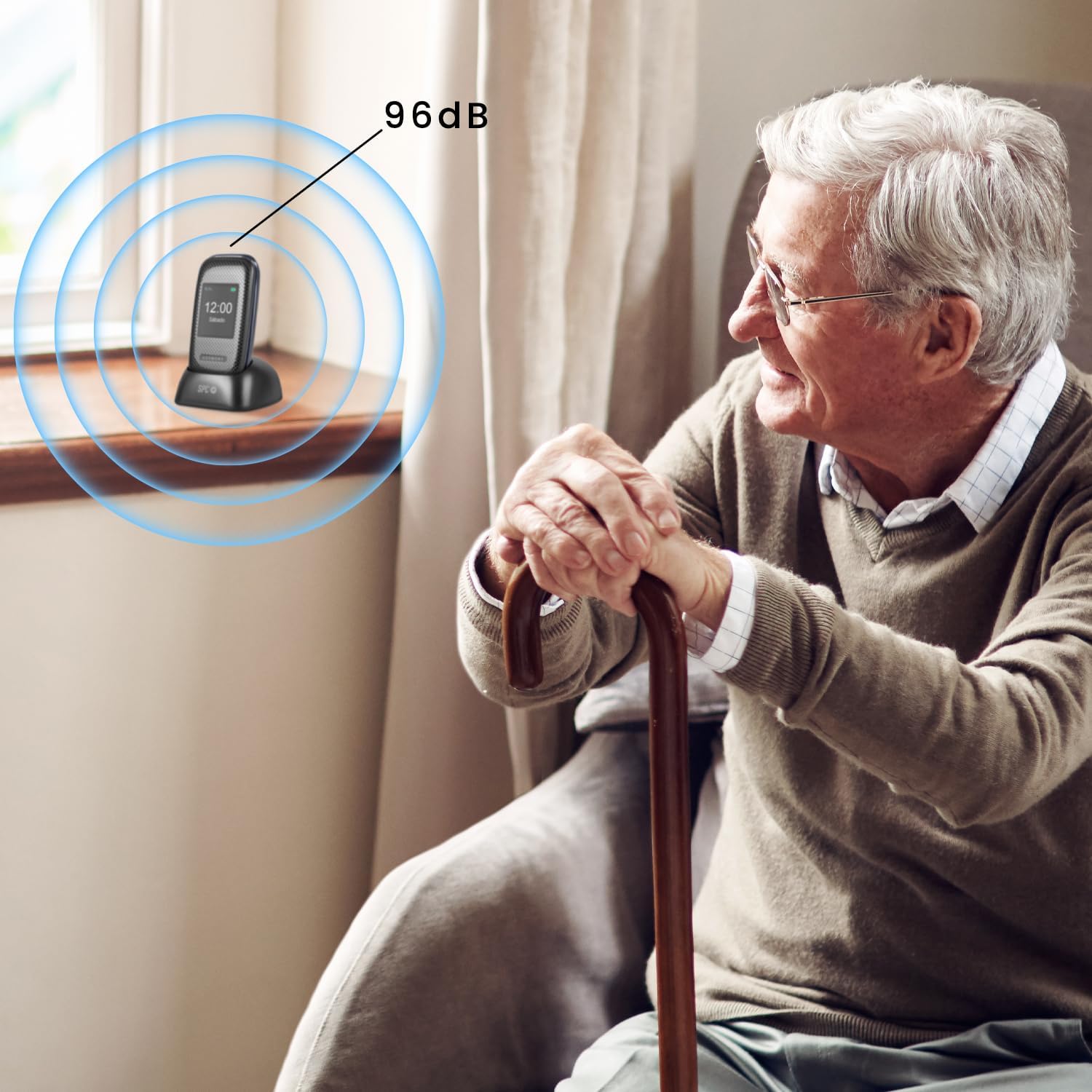 SPC Harmony - Telemóvel para idosos, telemóveis com tampa, teclas grandes, volume alto 96dB, compatível com aparelhos auditivos, contactos com imagem, botão SUS, ecrã duplo (2,4" + 1,77") - preto