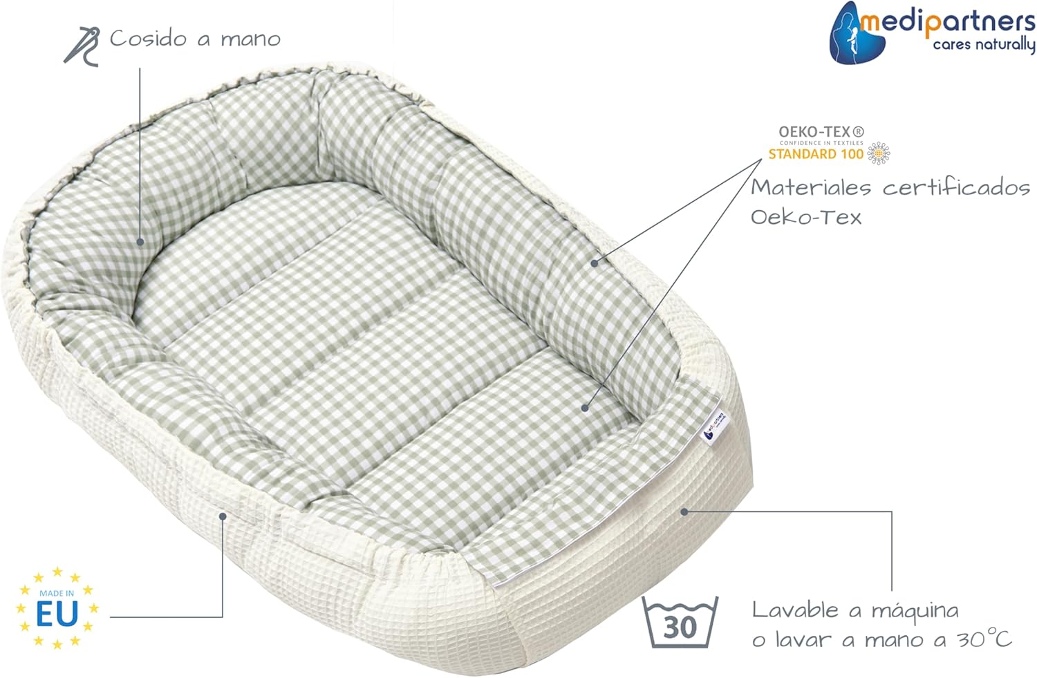 Medi Partners Ninho de bebé recém-nascido redutor de berço - 100 x 60 x 15 portátil ou de viagem de coleço anticólicas bilateral bebés 100 % algodão baú (quadros com azeitona ofre)