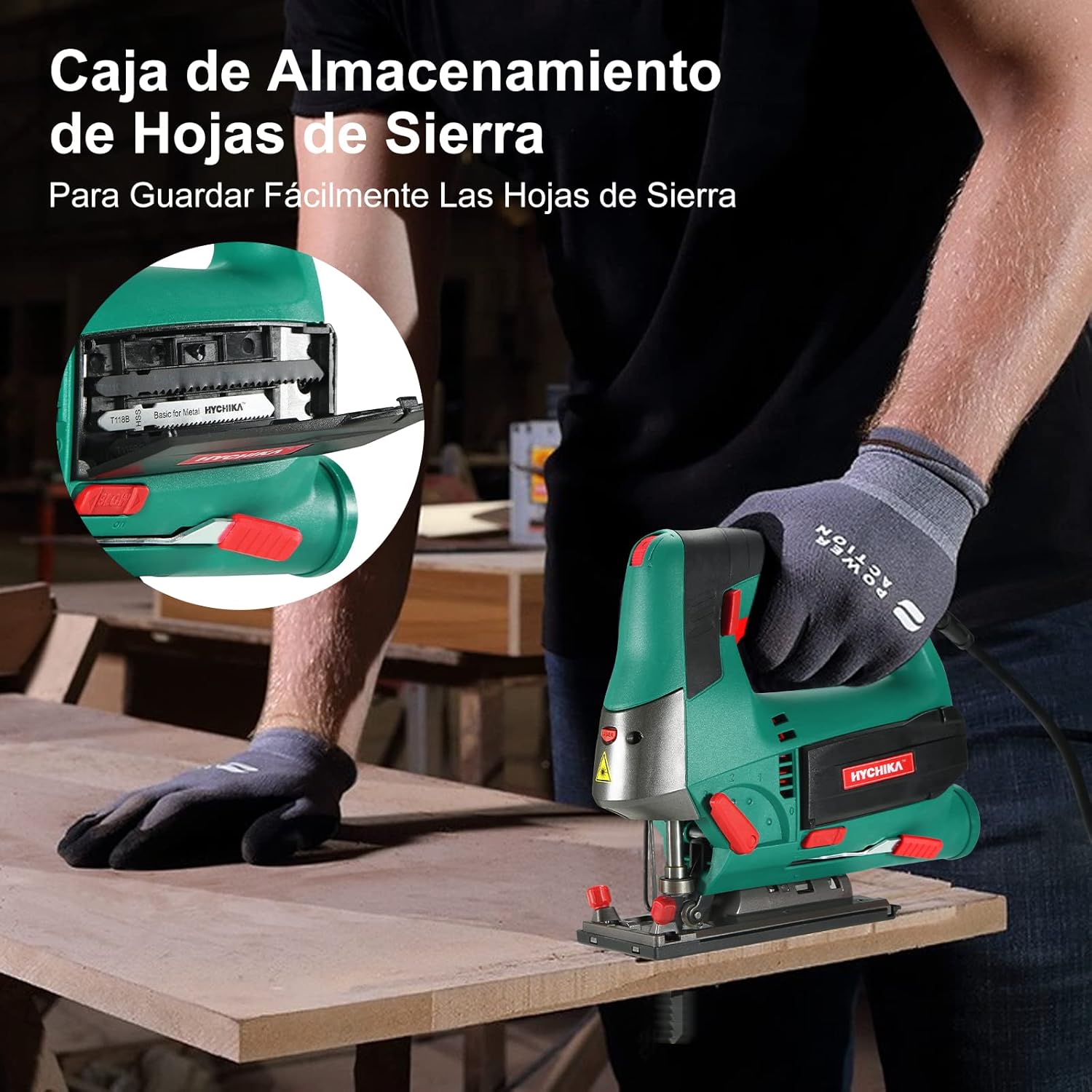 HYCHIKA Sierra de Calar, 110mm, 800W 800-3000SPM, Velocidad Ajustable (1-6), 4 Modos de Corte, Corte -45º a 45º, Caja Magnética de Hoja, Cortar Madera Metal Plástico