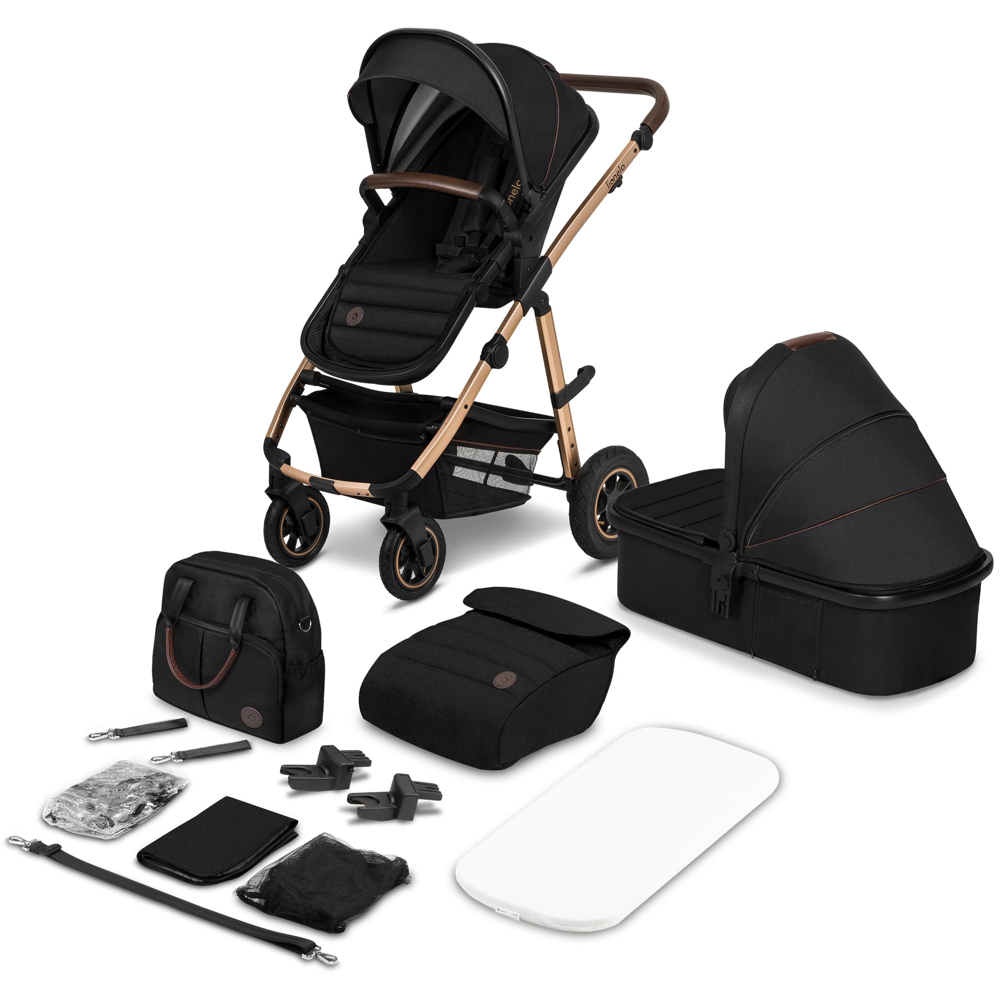 LIONELO Amber Carro de bebé multifuncional 2 em 1 conjunto carrinho de passeio com assento de cubo e tampa guiador ajustável bolsa mosquiteira protetor de chuva