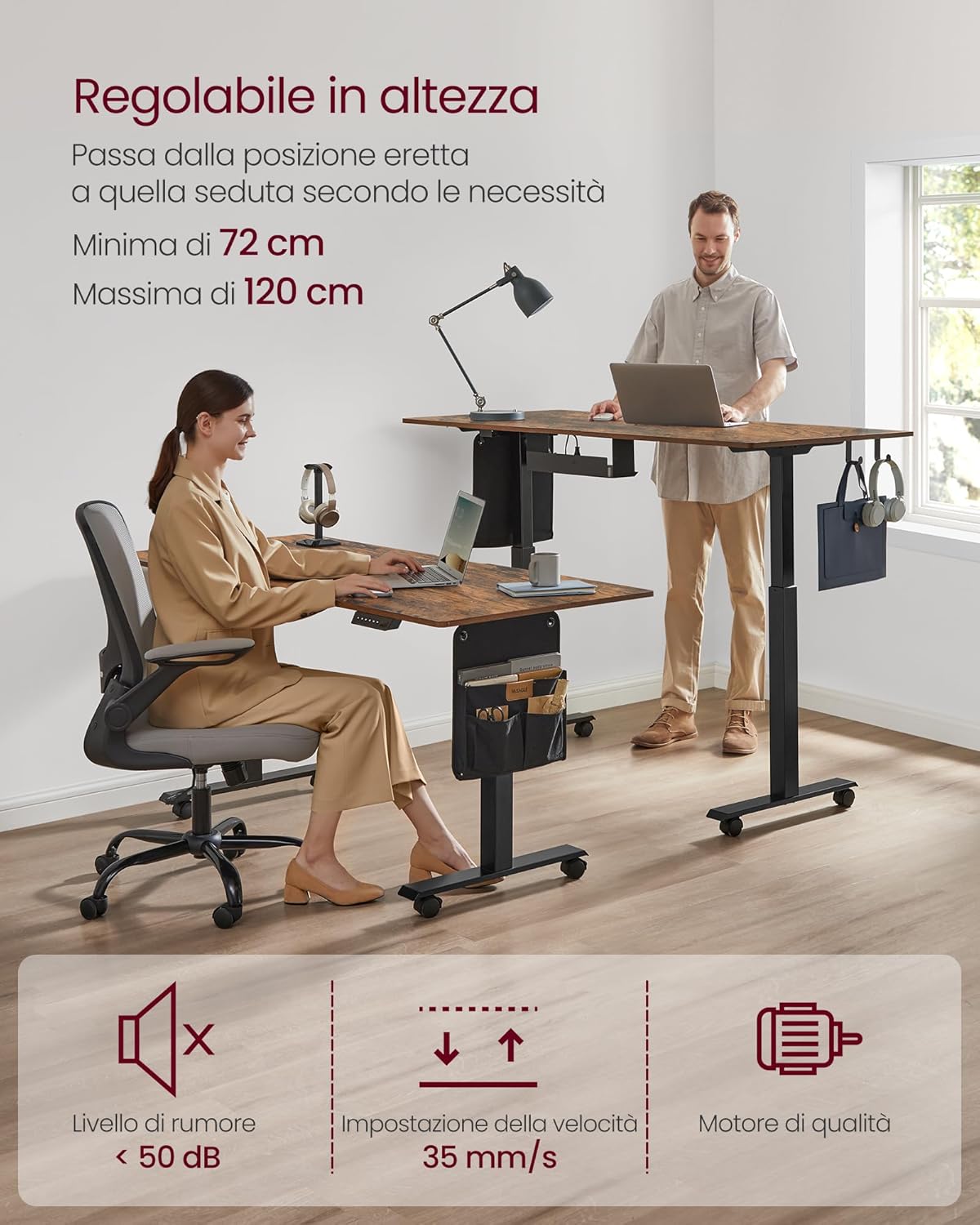 VASAGLE Secretária elétrica de altura regulável, 70 x 160 x (72-120), ajuste contínuo, função de memória com 4 alturas, castanho rústico LSD176X01