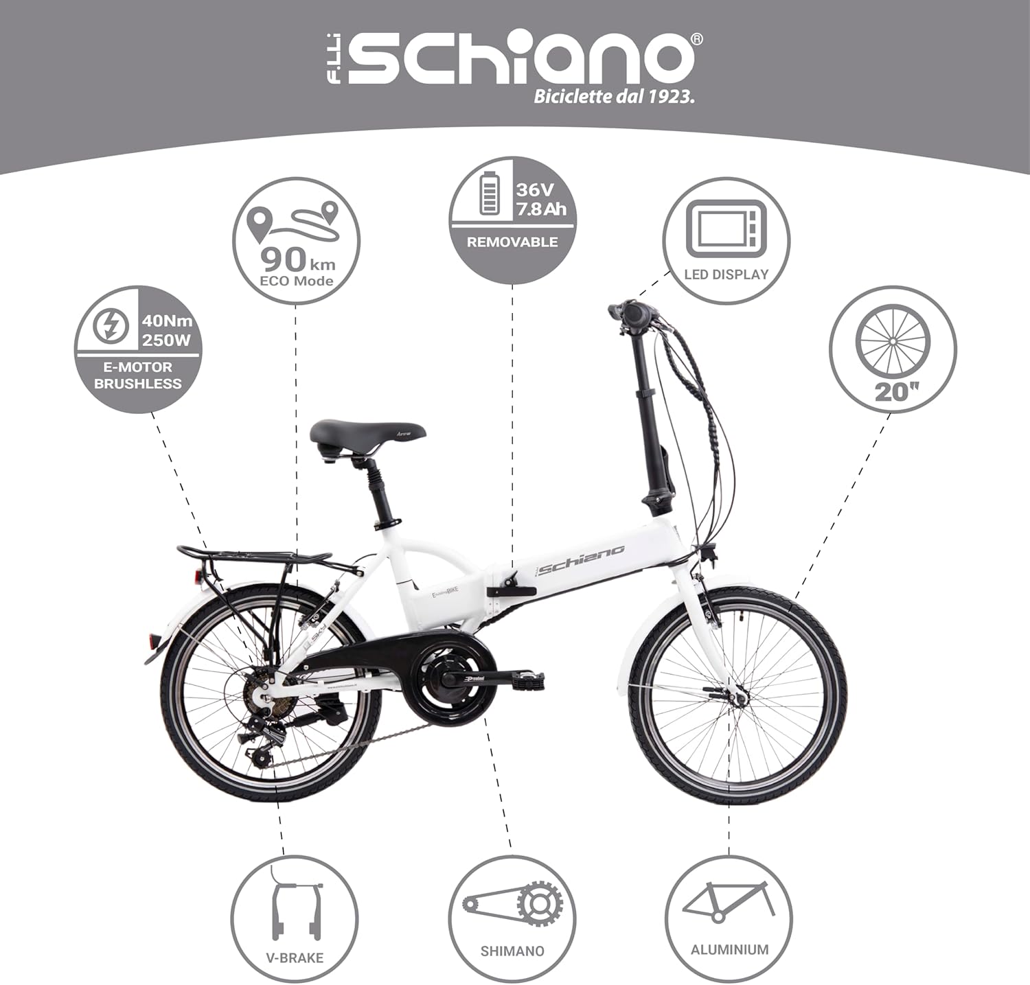 F.lli Schiano E- Sky 20" Bicicleta elétrica dobrável, unissexo para adulto, branca