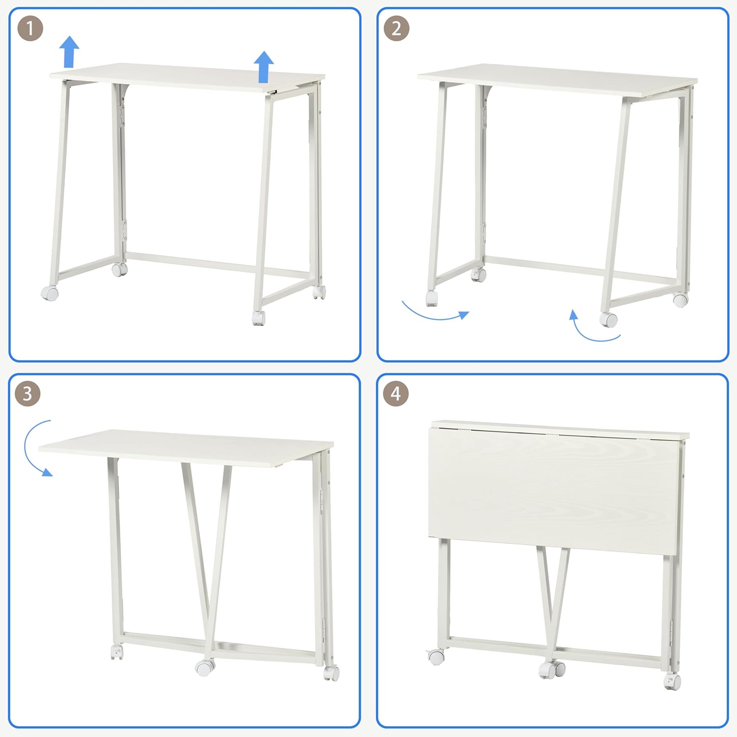 MEUBLE COSY Escritorio Plegable con Ruedas Mesa de Ordenador para Ahorrar Espacio Oficina Hogar Estudio, Estructura de Acero, Escandinavo, Montaje Sencillo, Blanco