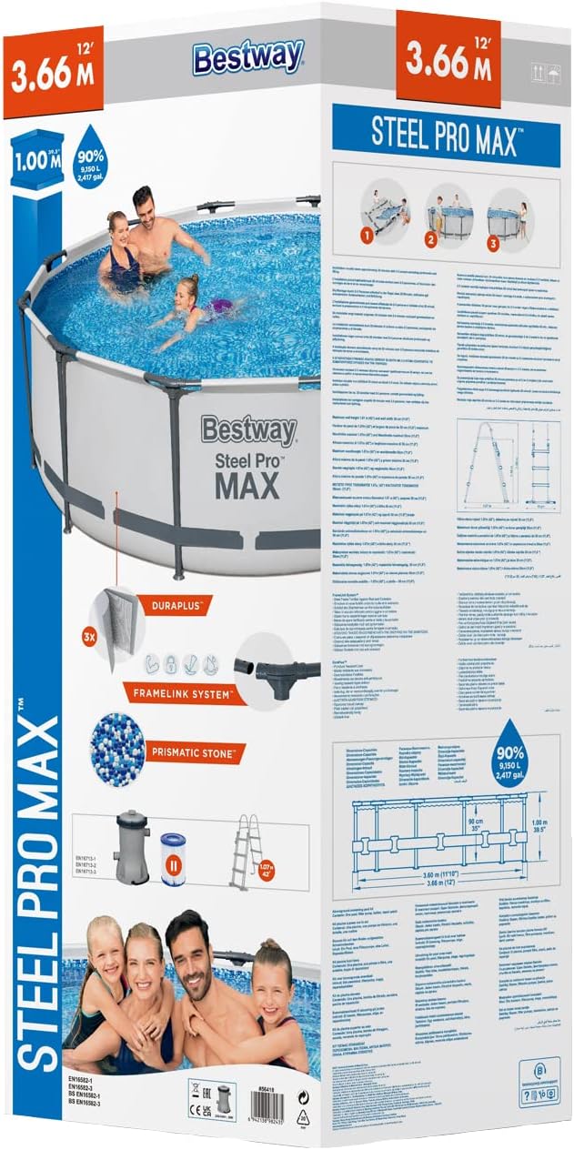 BESTWAY 56418D - Piscina Desmontable Tubular Steel Pro Max 366 x 100 cm, con Depuradora Cartucho 2.006 L/H y Escalera