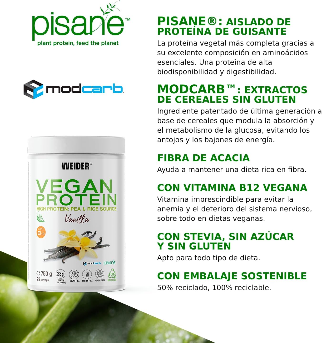 Weider Vegan Protein (750g) Sabor Vainilla. Proteína Vegana 23g/dosis Aislada Guisante (Pisane) y Arroz. Con Vitamina B12 y Stevia. Sin Gluten, Sin Azúcar. Bote 50% Reciclado, 100% Reciclable