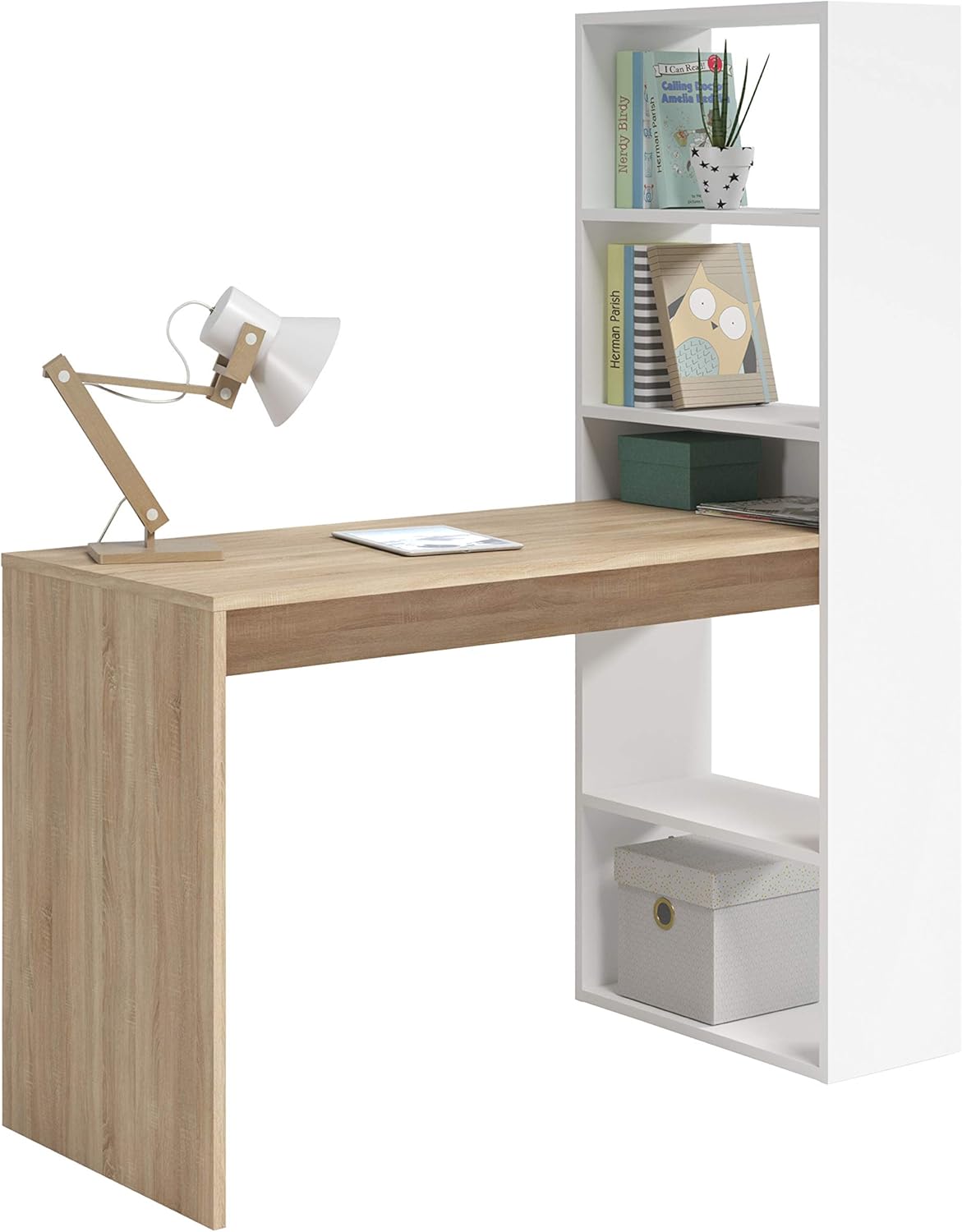 Habitdesign Mesa com prateleira reversível, mesa de computador, branco Artik e carvalho canadian, modelo duplo, medidas: 120 cm (largura) x 53 cm (fundo) x 144 cm (altura)