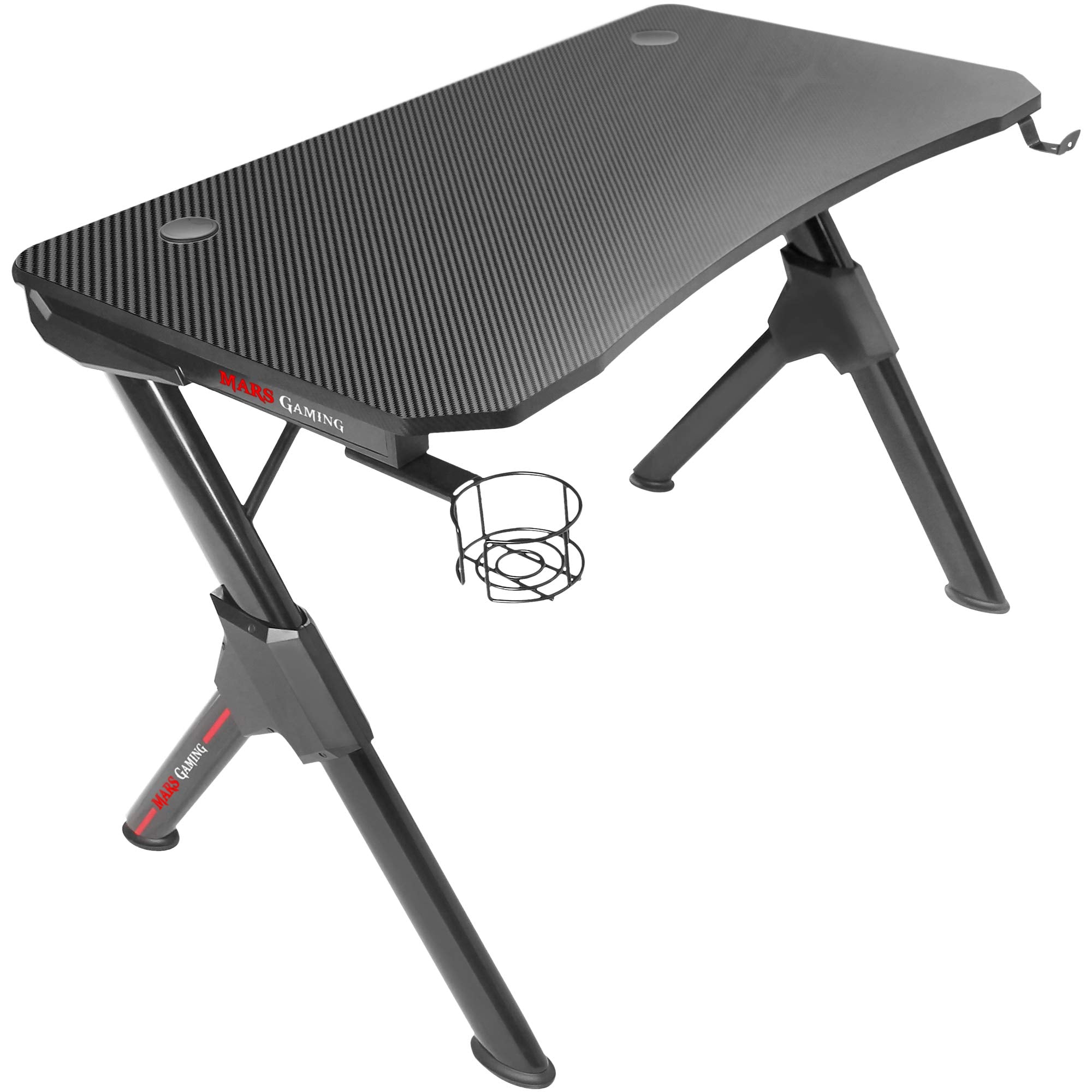 Mars Gaming MGD-X160RGB, Mesa de jogos ergonómica, iluminação ARGB com comando, fibra de carbono, tapete XXL, suporte auriculares e bebida, gestão com cabos, secretária Gaming 160 x 60 cm, preto