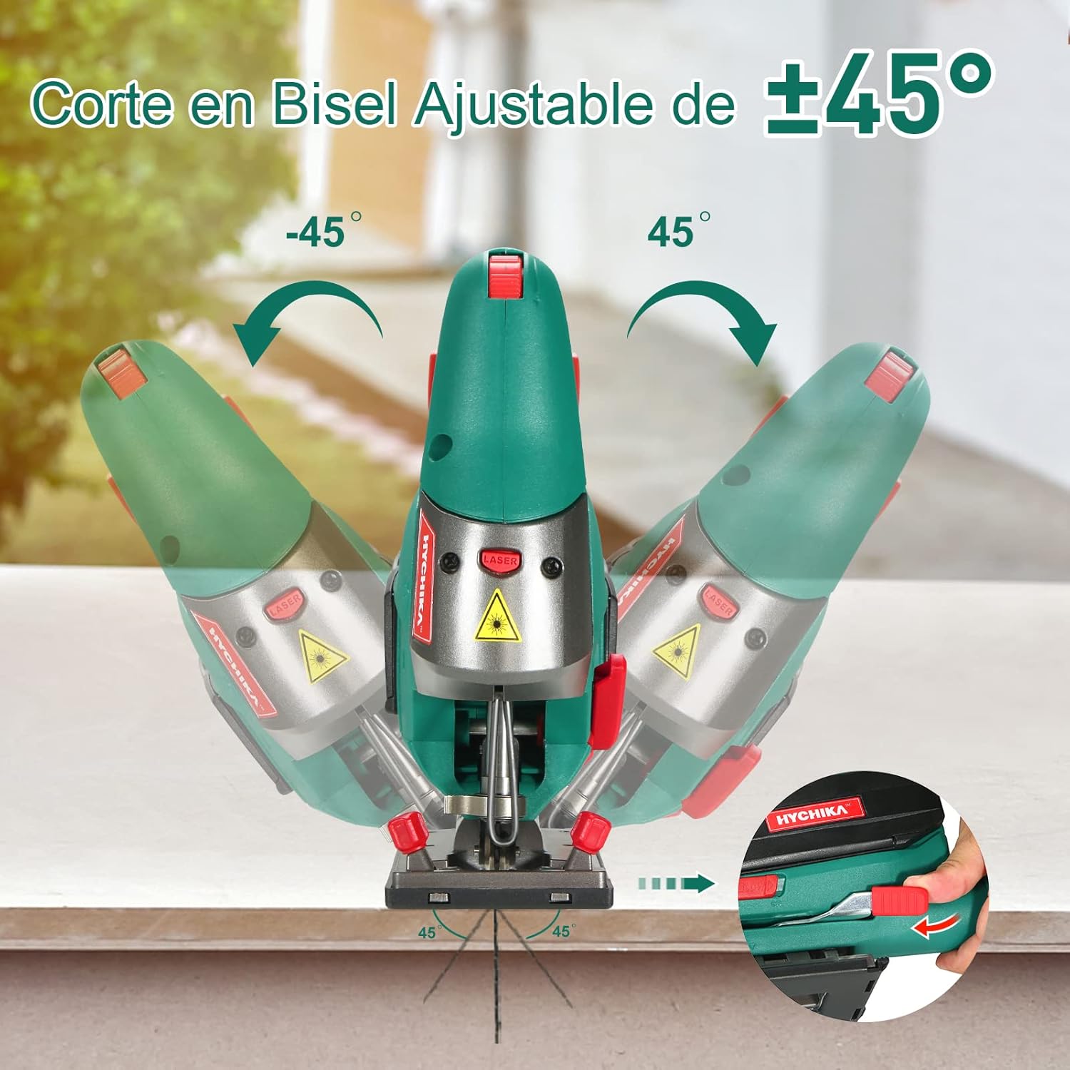 HYCHIKA Sierra de Calar, 110mm, 800W 800-3000SPM, Velocidad Ajustable (1-6), 4 Modos de Corte, Corte -45º a 45º, Caja Magnética de Hoja, Cortar Madera Metal Plástico