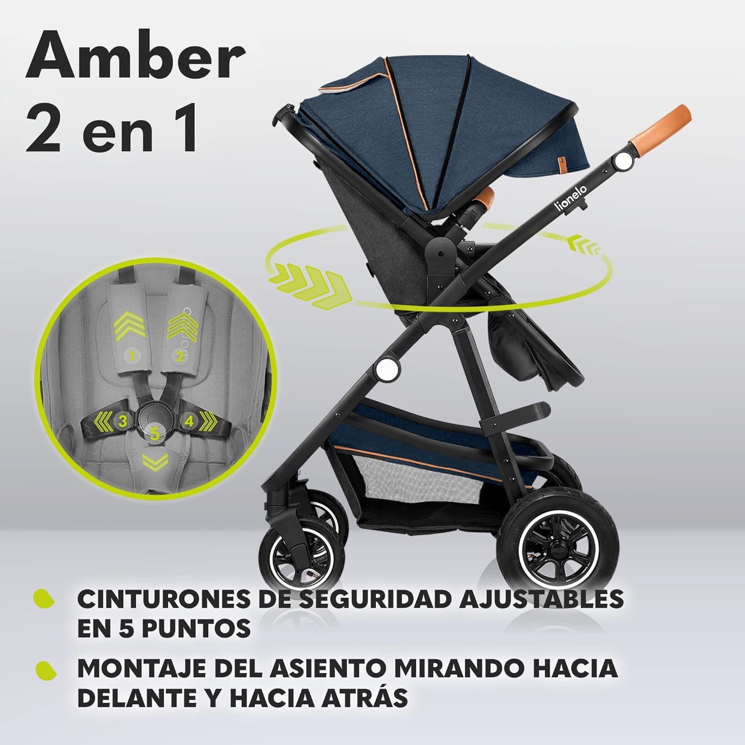 LIONELO Amber Carro de bebé multifuncional 2 em 1 conjunto carrinho de passeio com assento de cubo e tampa guiador ajustável bolsa mosquiteira protetor de chuva