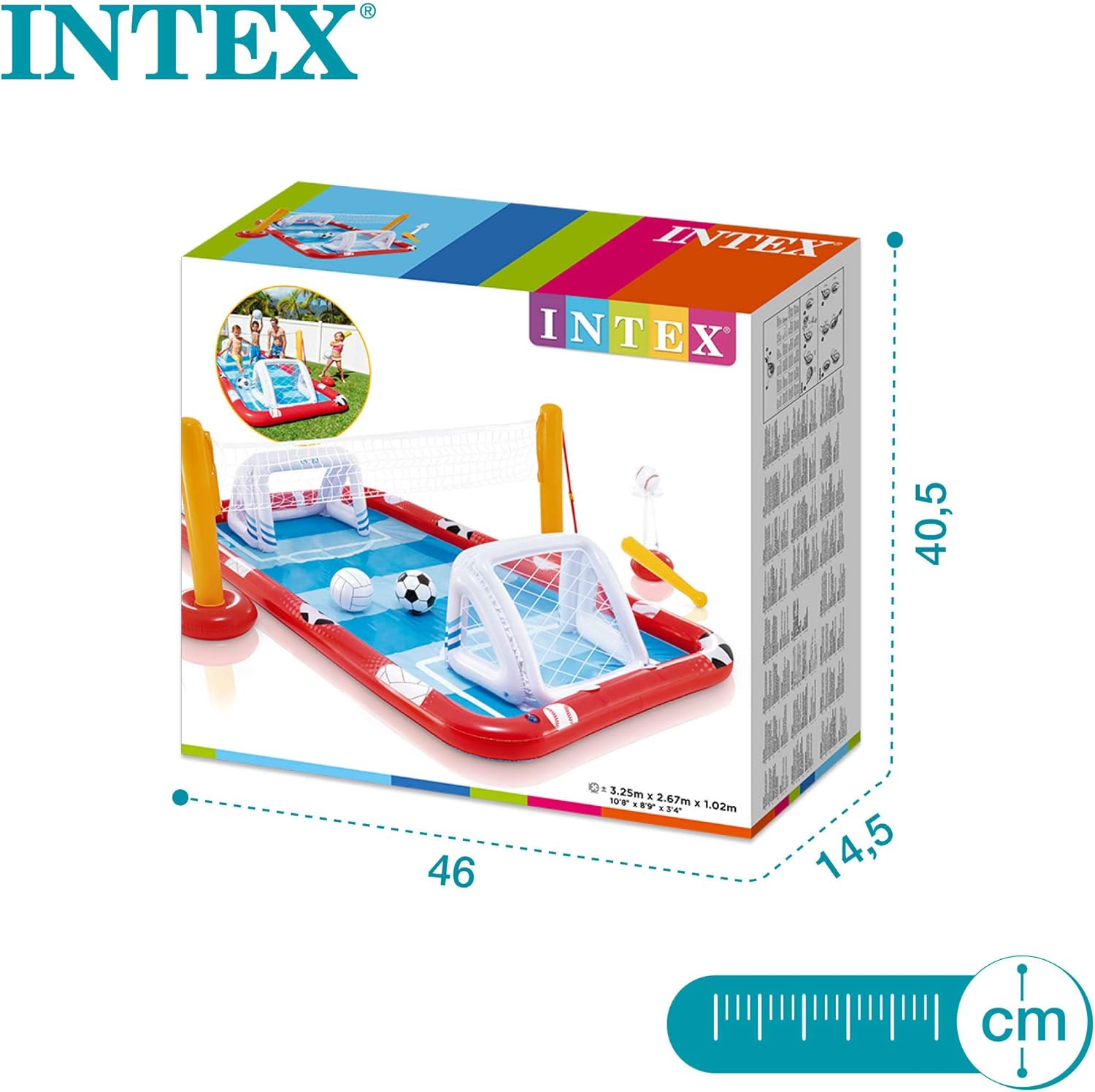 Intex 57147NP - Centro de jogos aquáticos insuflável INTEX, para crianças, medidas 325 x 267 x 102 cm, 470 litros, voleibol, futebol, basquetebol e beisebol, a partir dos 3 anos