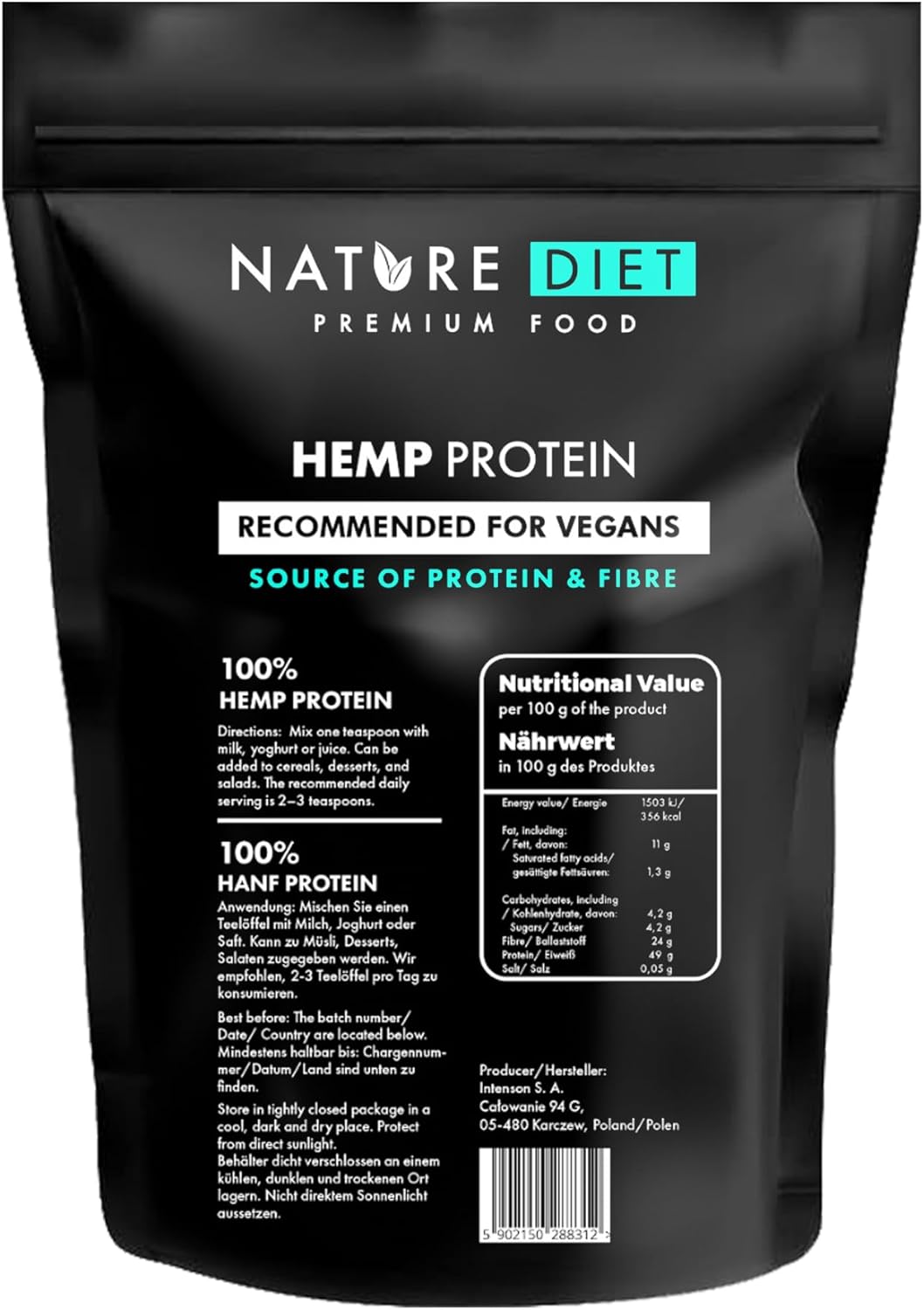 Nature Diet Proteína de cânhamo 1000 g, vegano, pó de proteína, à base de plantas