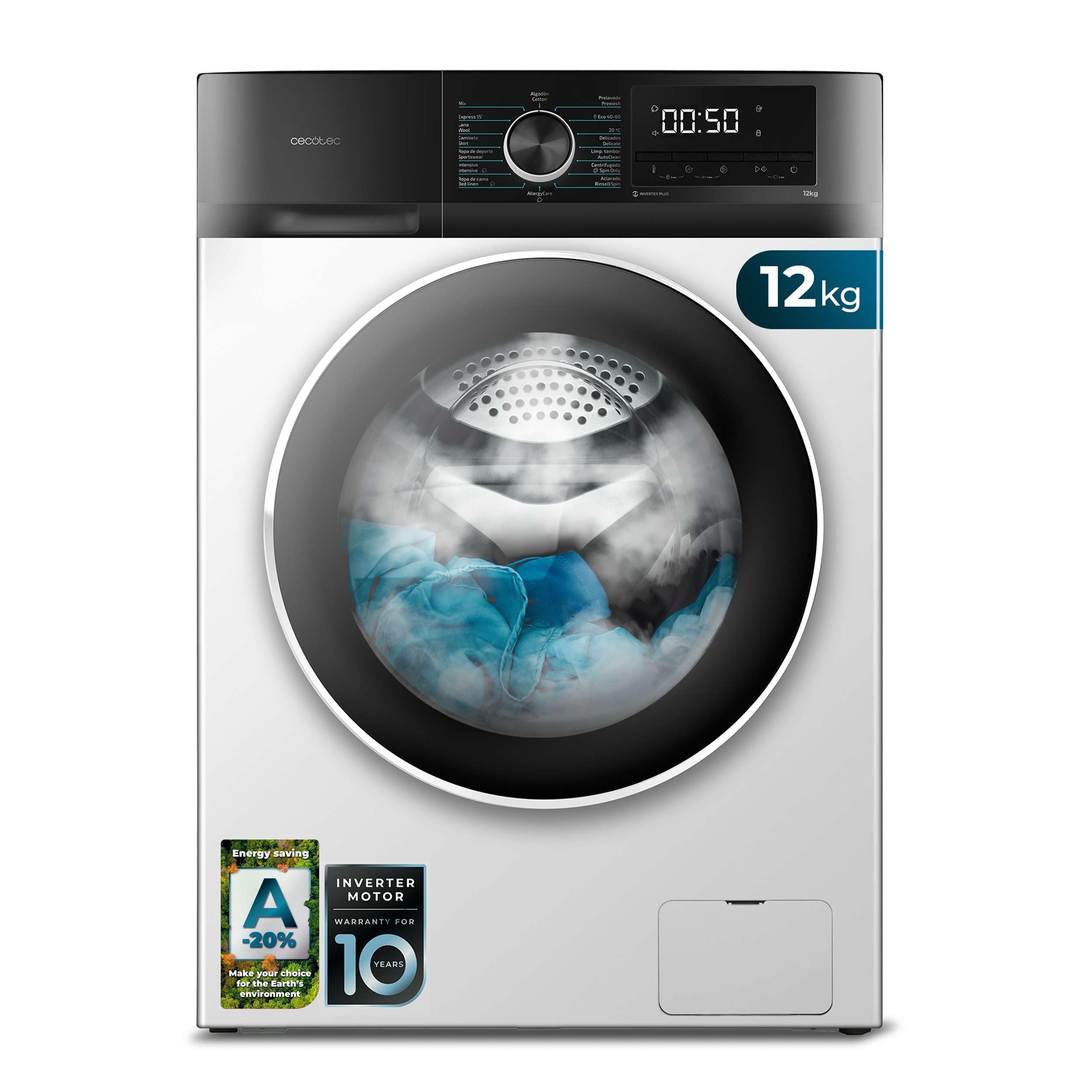 Cecotec Máquina de lavar 8 kg carga frontal Bolero Dresscode 8500 Inverter Steel A. 1900W, 1400 rpm, Inverter Motor Plus, baixo consumo, 16 programas, SteamMax, Delay Start, aço