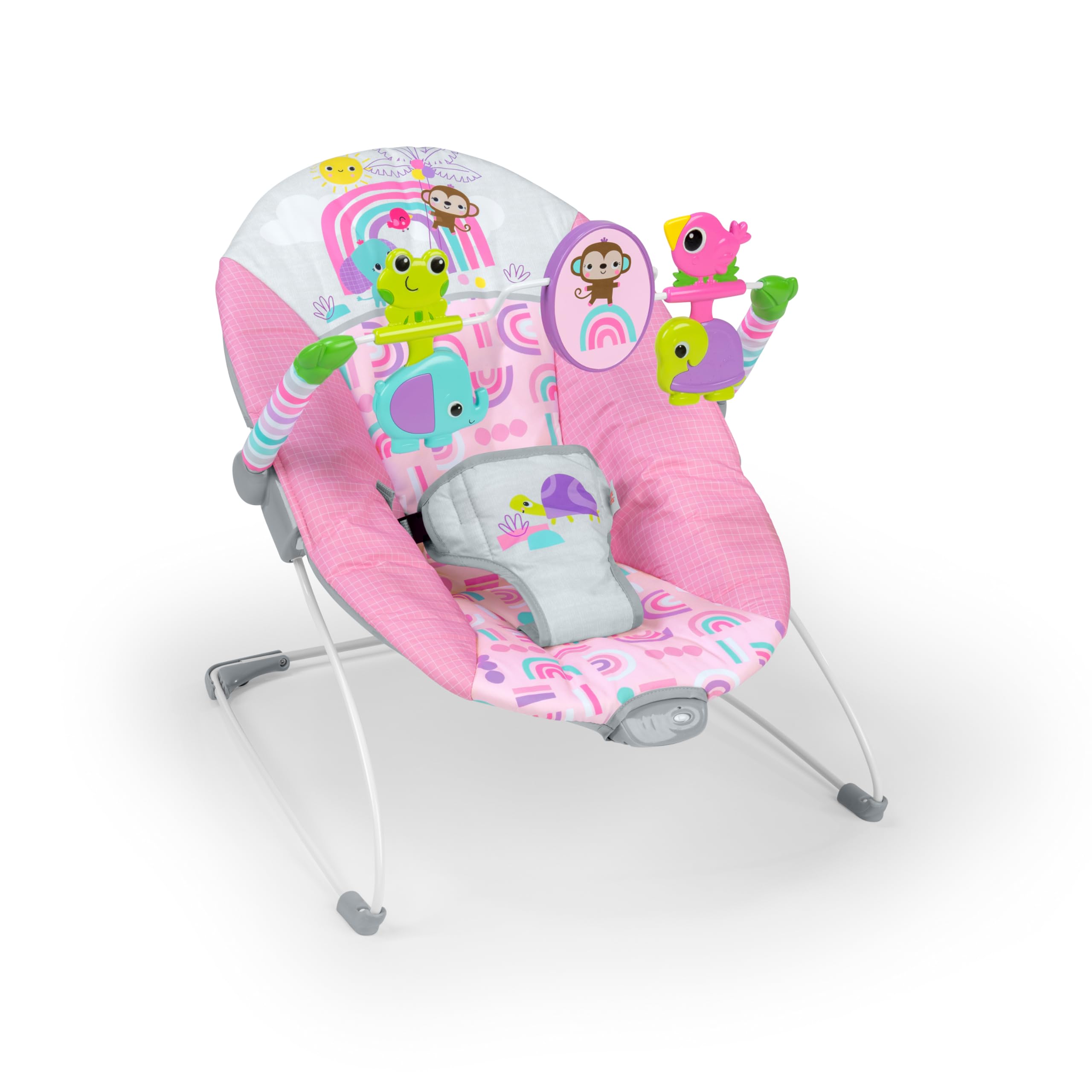 Bright Starts - Vibrador de assento infantil - barra de brinquedos removível, pés antiderrapantes, 0-6 meses a 9 kg (Safari Fun)