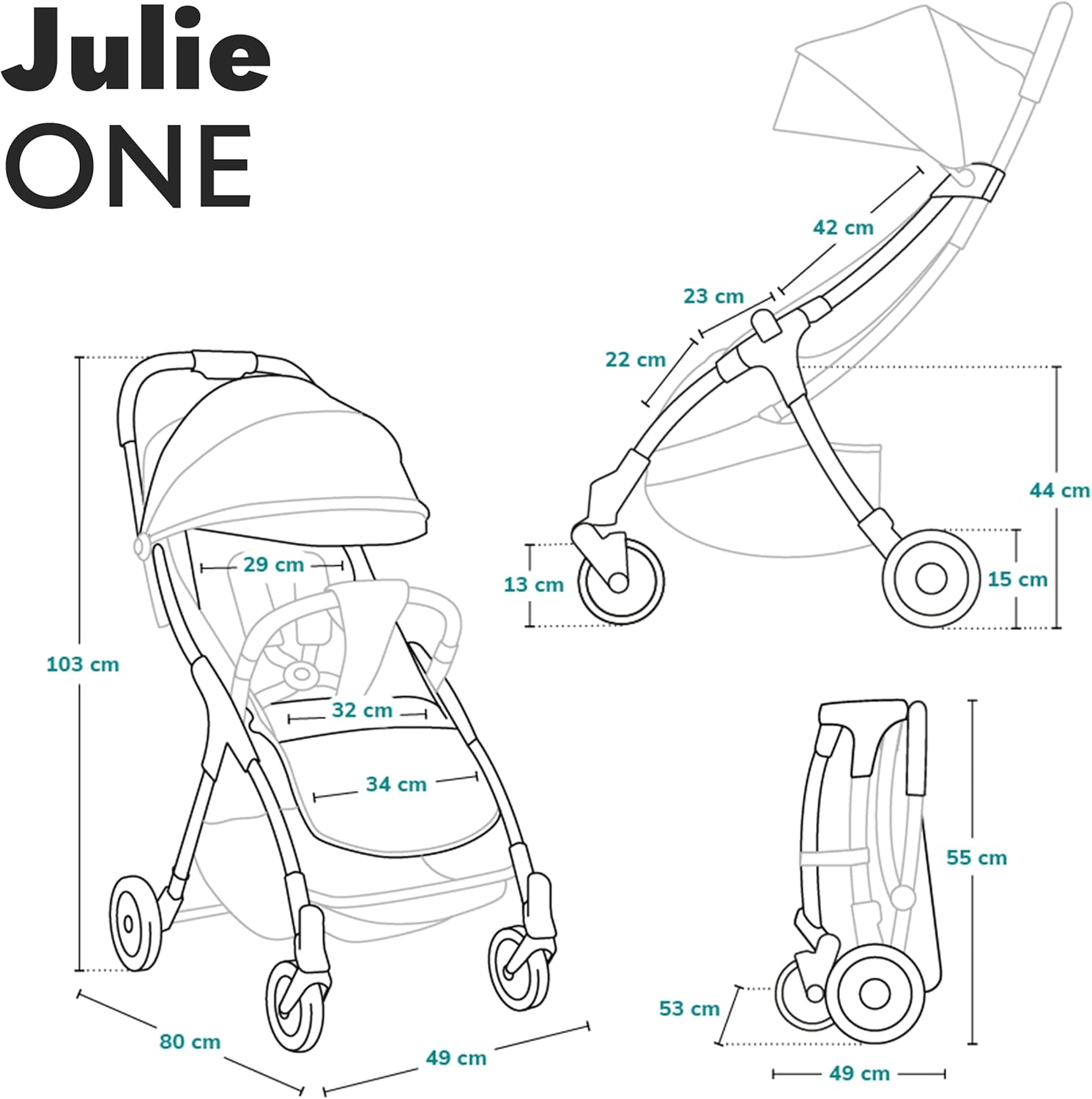LIONELO Julie One Carrito 51 x 75 x 103 cm Para menores hasta 22kg 0-48M Regulación del respaldo Plegado sencillo Ruedas resistentes con amortizadores Cesta para compras
