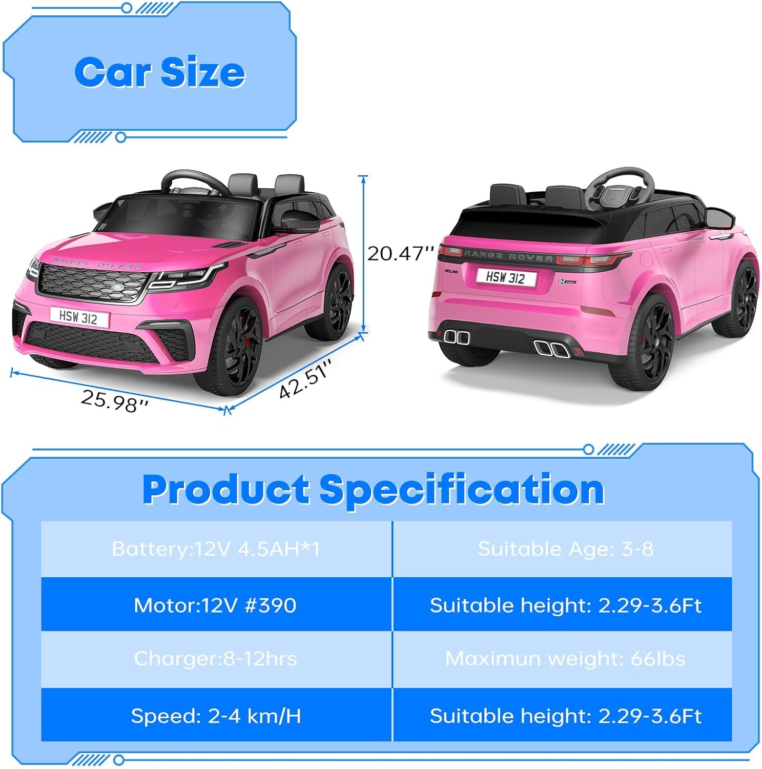 Carro elétrico para crianças, Land Rover com licença, 12 V, com controlo remoto, música, educação precoce, USB, TF, Mp3, carro elétrico para crianças a partir de 3 anos (rosa)