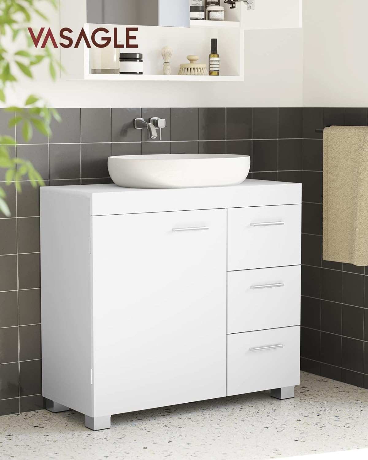 VASAGLE Móveis de lavatório baixo, armário de casa de banho, 3 gavetas, 2 compartimentos atrás da porta, adequado para lavatórios com pedestal, com pés, 30 x 70 x 64 cm, branca nuvem BBK504W01