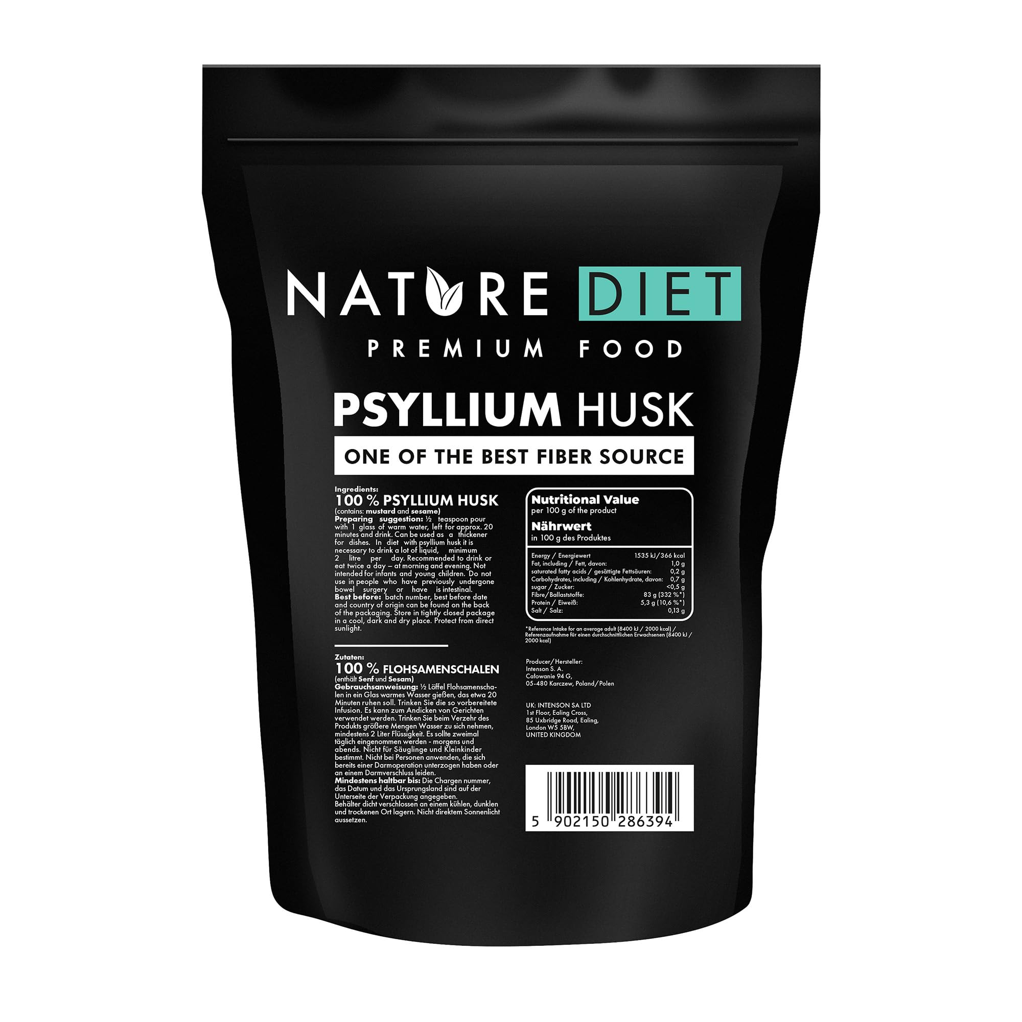Nature Diet Casca de Psyllium 450 g | Alto em fibra, vegano, sem glúten e sem lactose, para dieta Keto & Low-Carb, ideal para bebidas e receitas