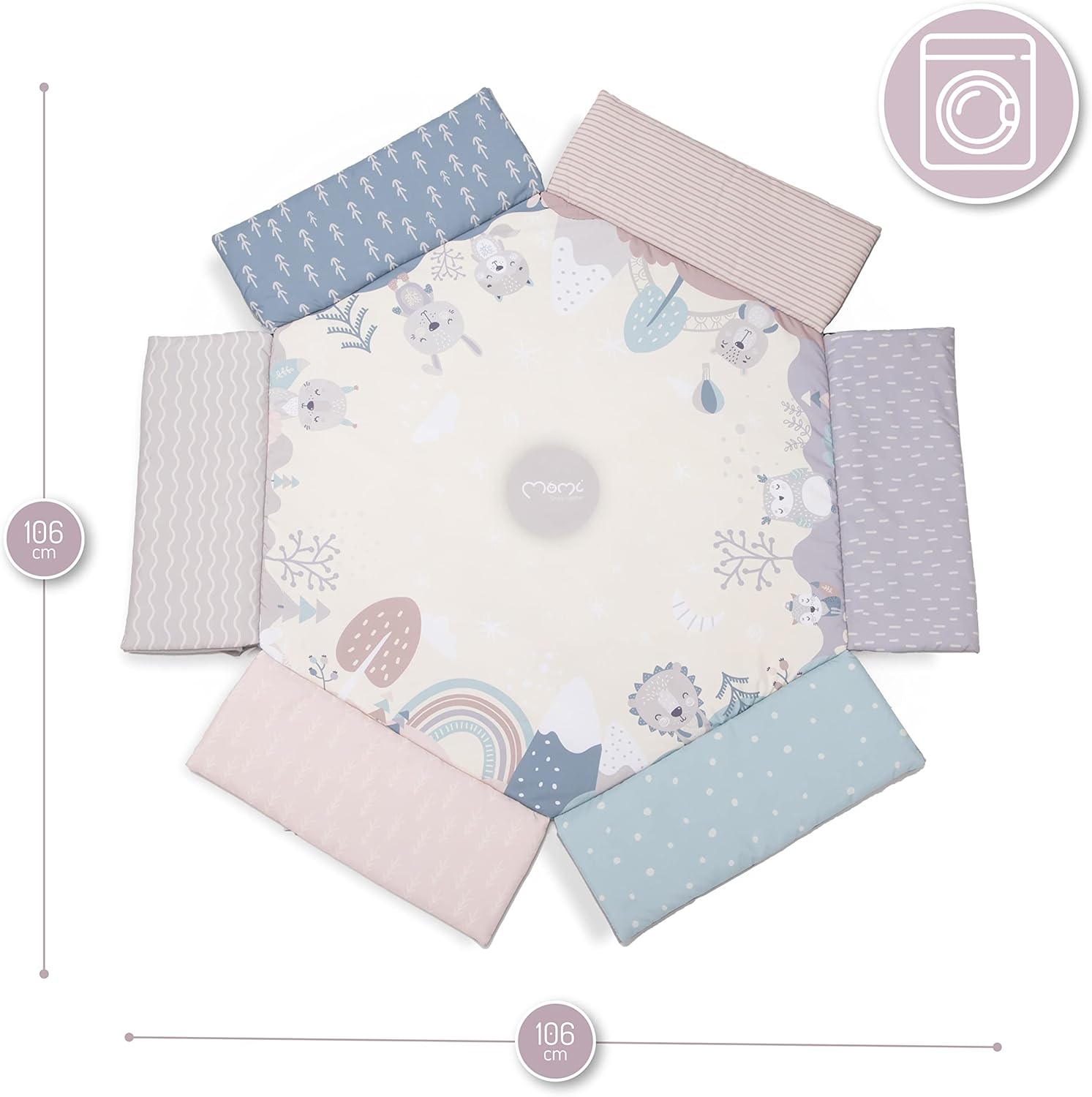MoMi PASTEL arco de jogo com tapete para gatinhar 3 em 1 para bebés desde o nascimento, tapete de atividades sensorial com 2 arcos, banho de bolas, 5 brinquedos