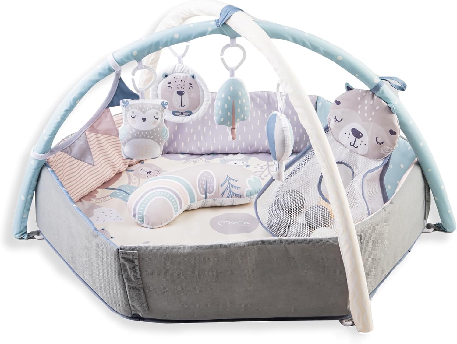 MoMi PASTEL arco de jogo com tapete para gatinhar 3 em 1 para bebés desde o nascimento, tapete de atividades sensorial com 2 arcos, banho de bolas, 5 brinquedos