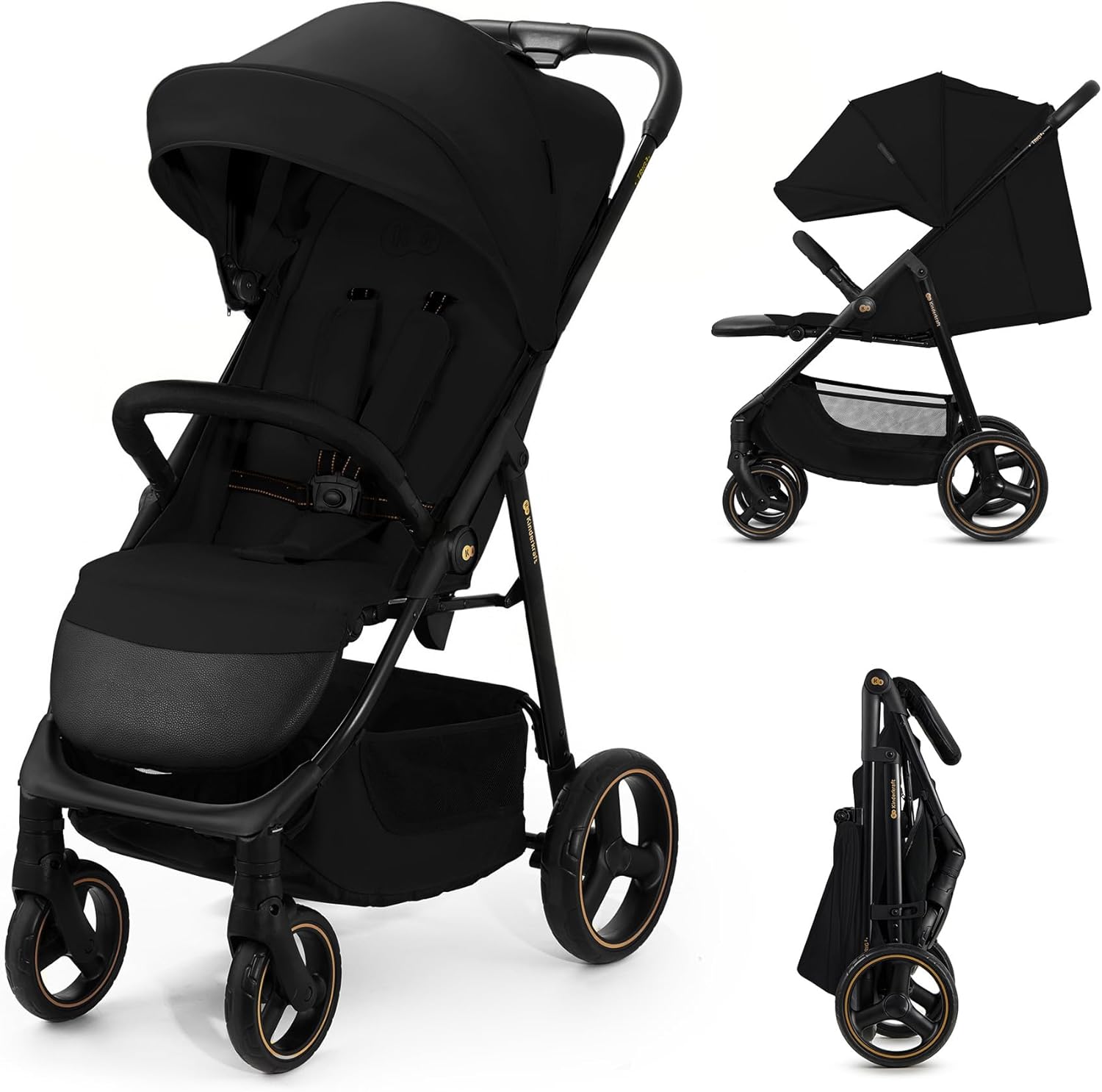 Kinderkraft TRIG 3, cadeira de passeio, leve e gerenciável, suspensão, cinto de 5 pontos, apoio para os pés, ajustável, carga máxima de 25 kg, preto