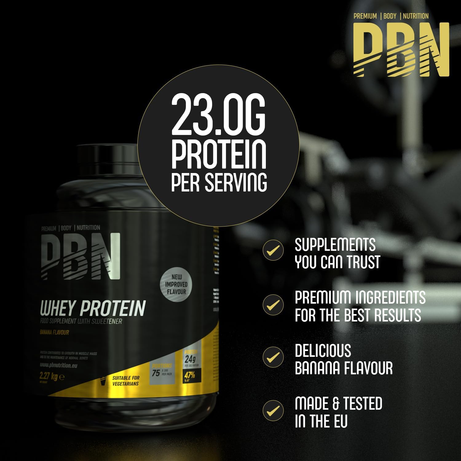 Premium Body Nutrition - Proteína de soro de leite em pó, 2,27 kg (embalagem de 1), sabor banana, sabor otimizado