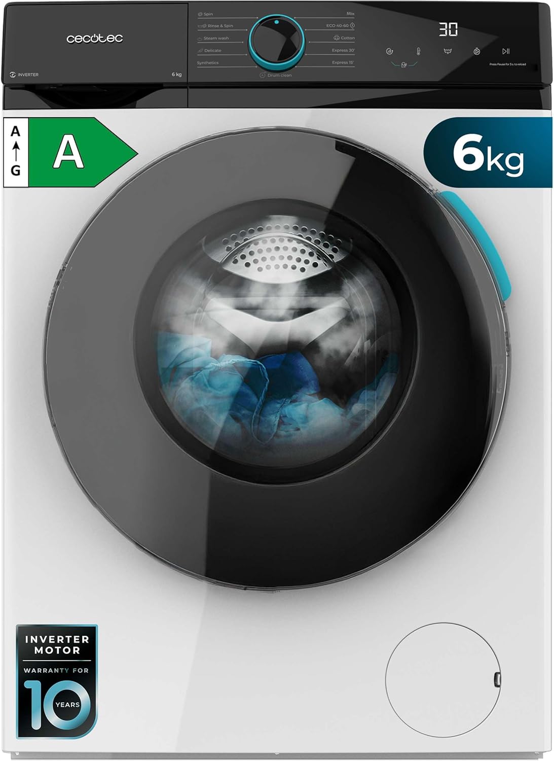 Cecotec Máquina de lavar 6 kg carga frontal Bolero DressCode 6160 Inverter. 1200 RPM, 11 programas, baixo consumo, motor inverter Plus, Steam Max, Drum Clean, programa rápido de 15", painel com