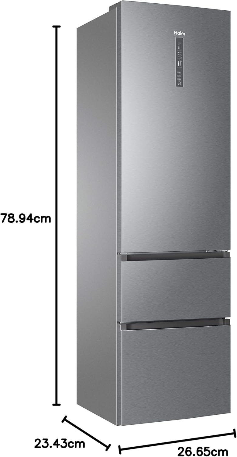 Haier 3D Frigorífico Combinado 3D, motor de inverno, gavetas Direct Access no congelador, garrafeiro, Humidity Zone, 371 l, total sem rost, classe D, inoxidável, largura: 60 cm, altura: 200 cm
