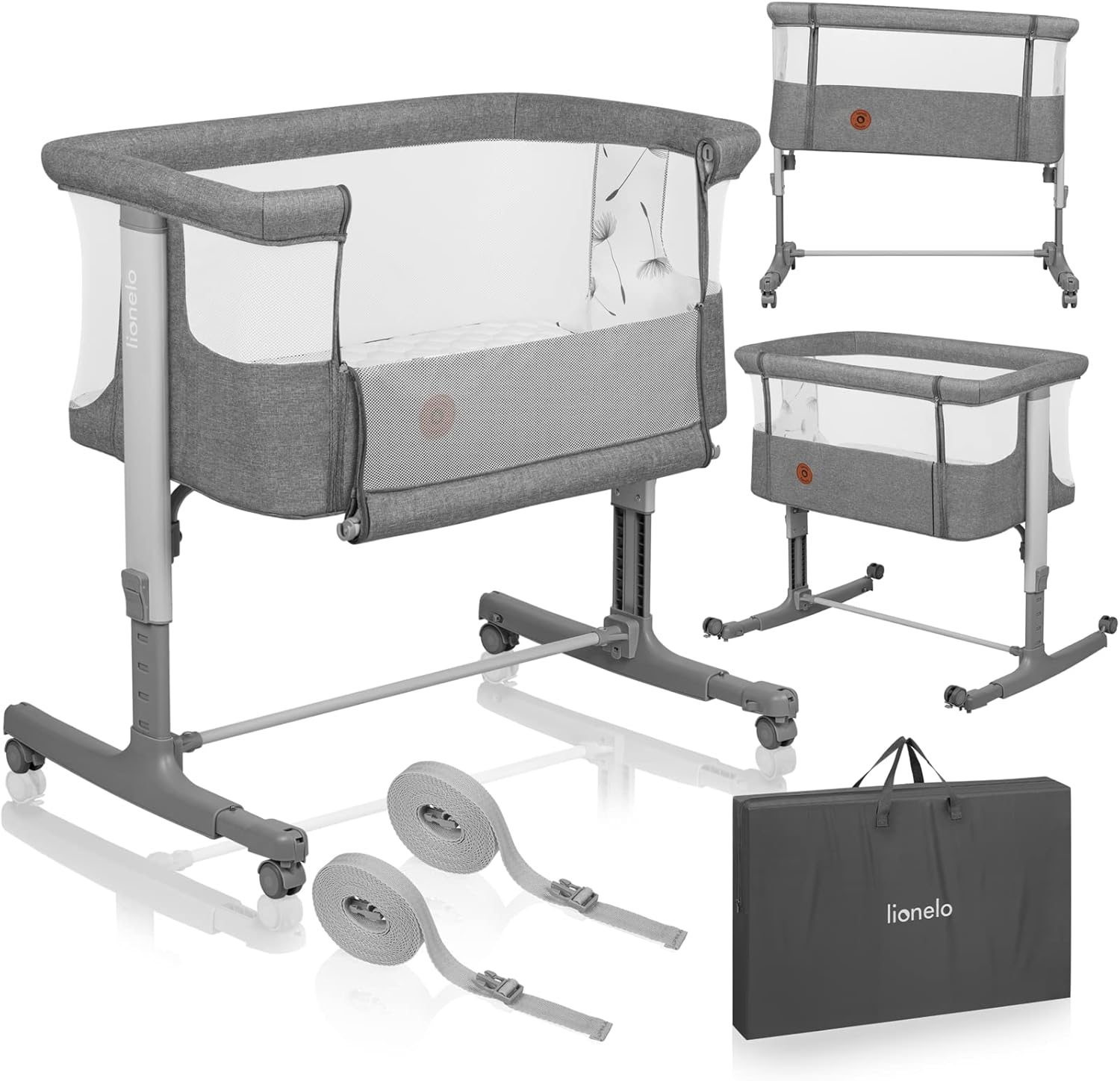 lionelo Aurora Berço de colecho 3 em 1 até 9 kg, berço de balanço, ajuste de altura e inclinação do colchão, 4 rodas com travão, colchão ergonómico, bolsa