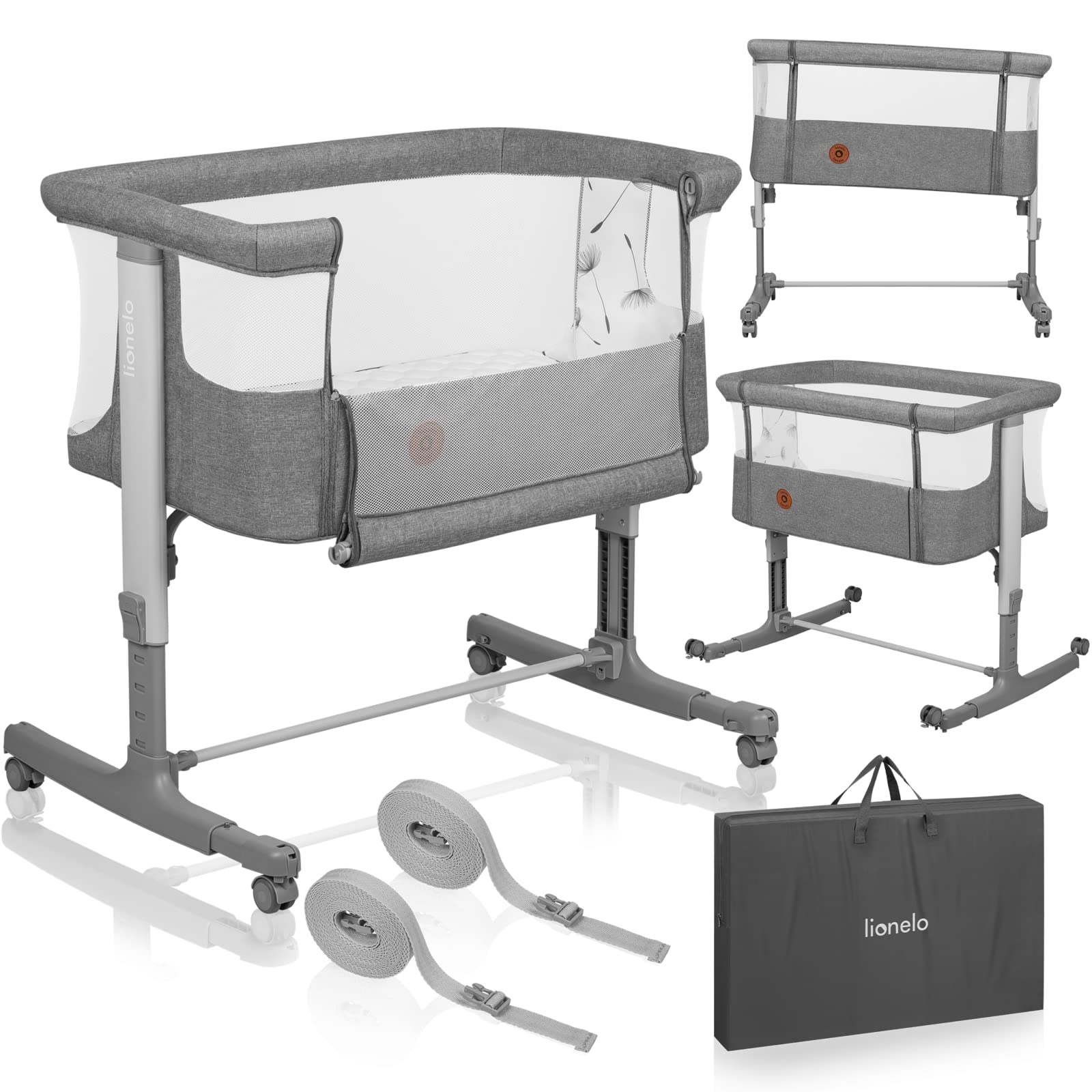lionelo Aurora Berço de colecho 3 em 1 até 9 kg, berço de balanço, ajuste de altura e inclinação do colchão, 4 rodas com travão, colchão ergonómico, bolsa
