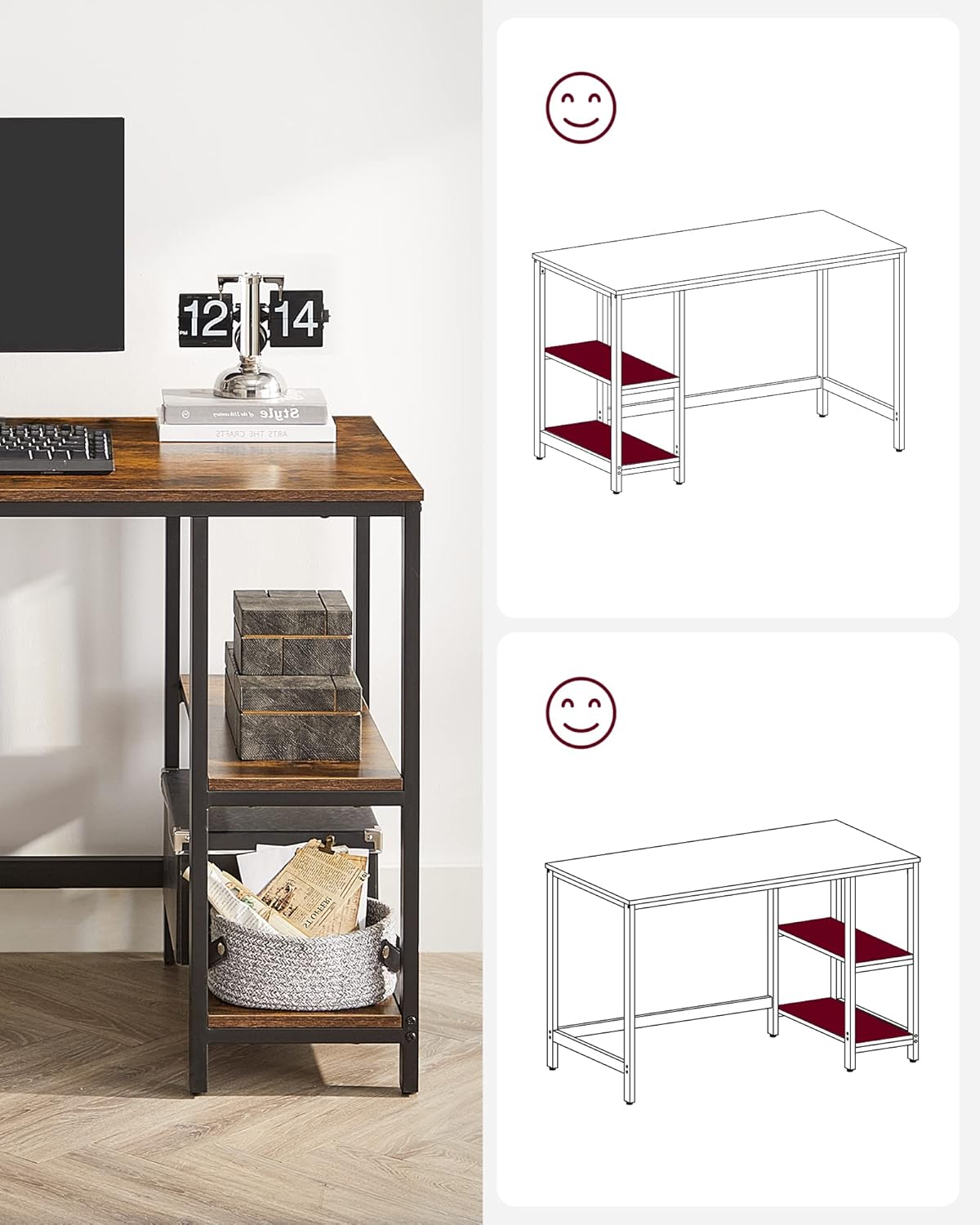 VASAGLE Secretária, mesa de computador, com 2 prateleiras à esquerda ou à direita, para escritório, quarto, estrutura de aço, industrial, castanho rústico e preto LWD47X
