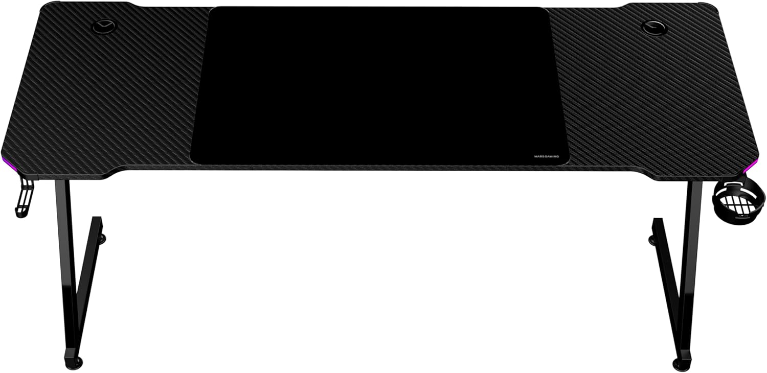 Mars Gaming MGD-X160RGB, Mesa de jogos ergonómica, iluminação ARGB com comando, fibra de carbono, tapete XXL, suporte auriculares e bebida, gestão com cabos, secretária Gaming 160 x 60 cm, preto