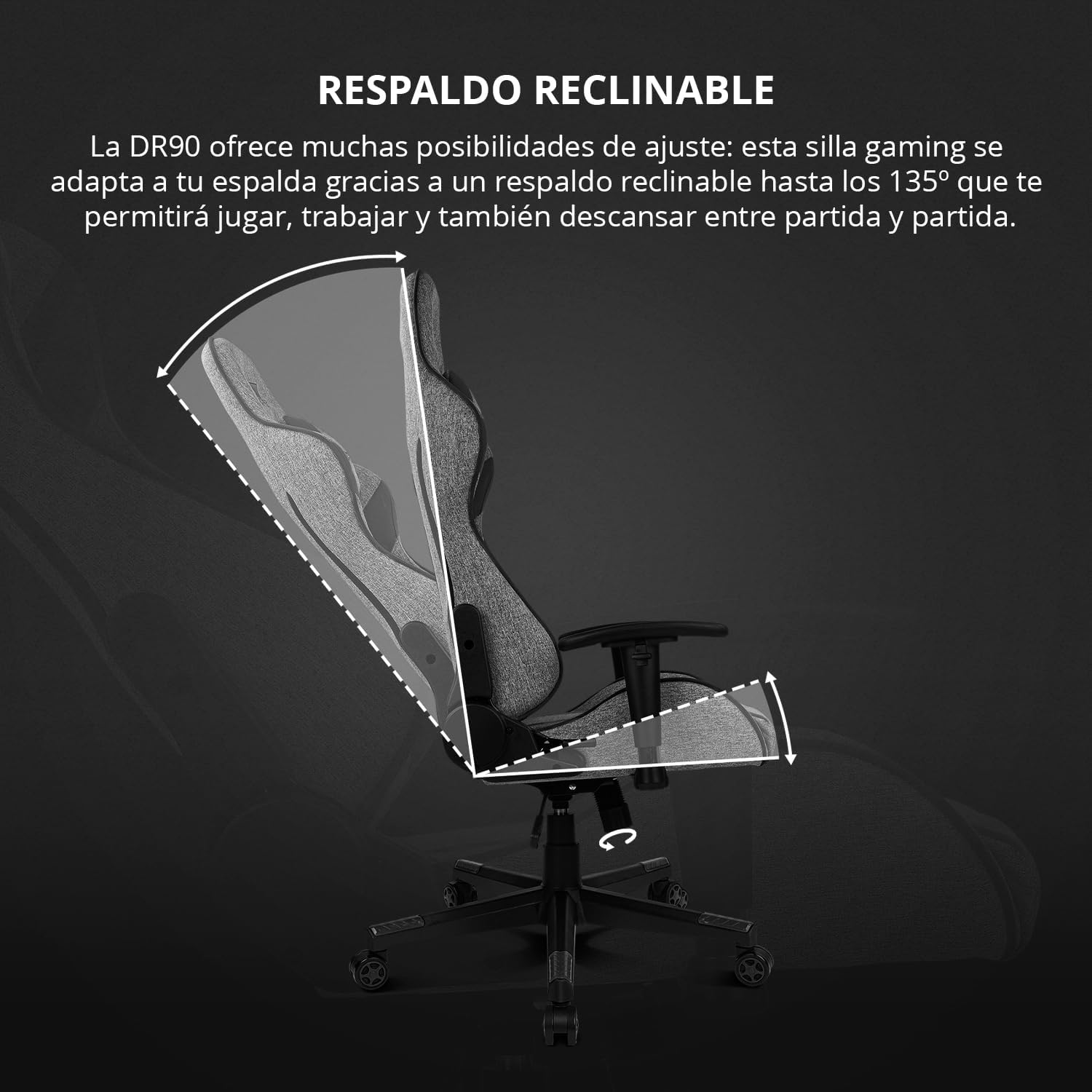 DRIFT GAMING DR90 Cadeira de jogos ergonómica com encosto de cabeça e lombar, encosto reclinável de 135°, braços 2D ajustáveis, tecido respirável, base de nylon e pistão de gás classe 4, cinzento