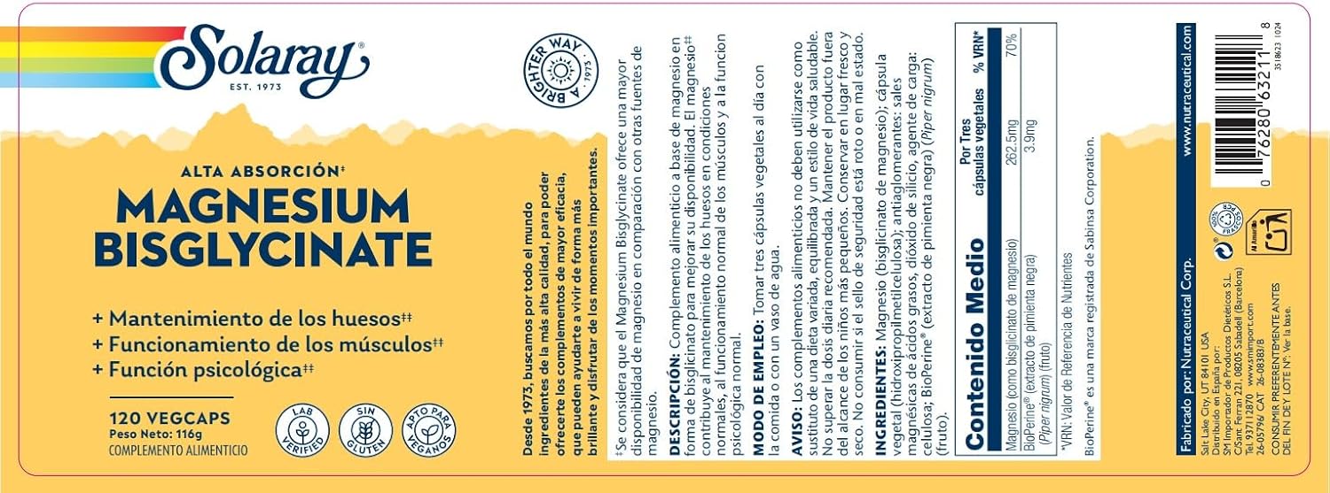 Solaray Magnesio Bisglycinato | Alta absorción | sin glute | apto para veganos|120 Veg Caps