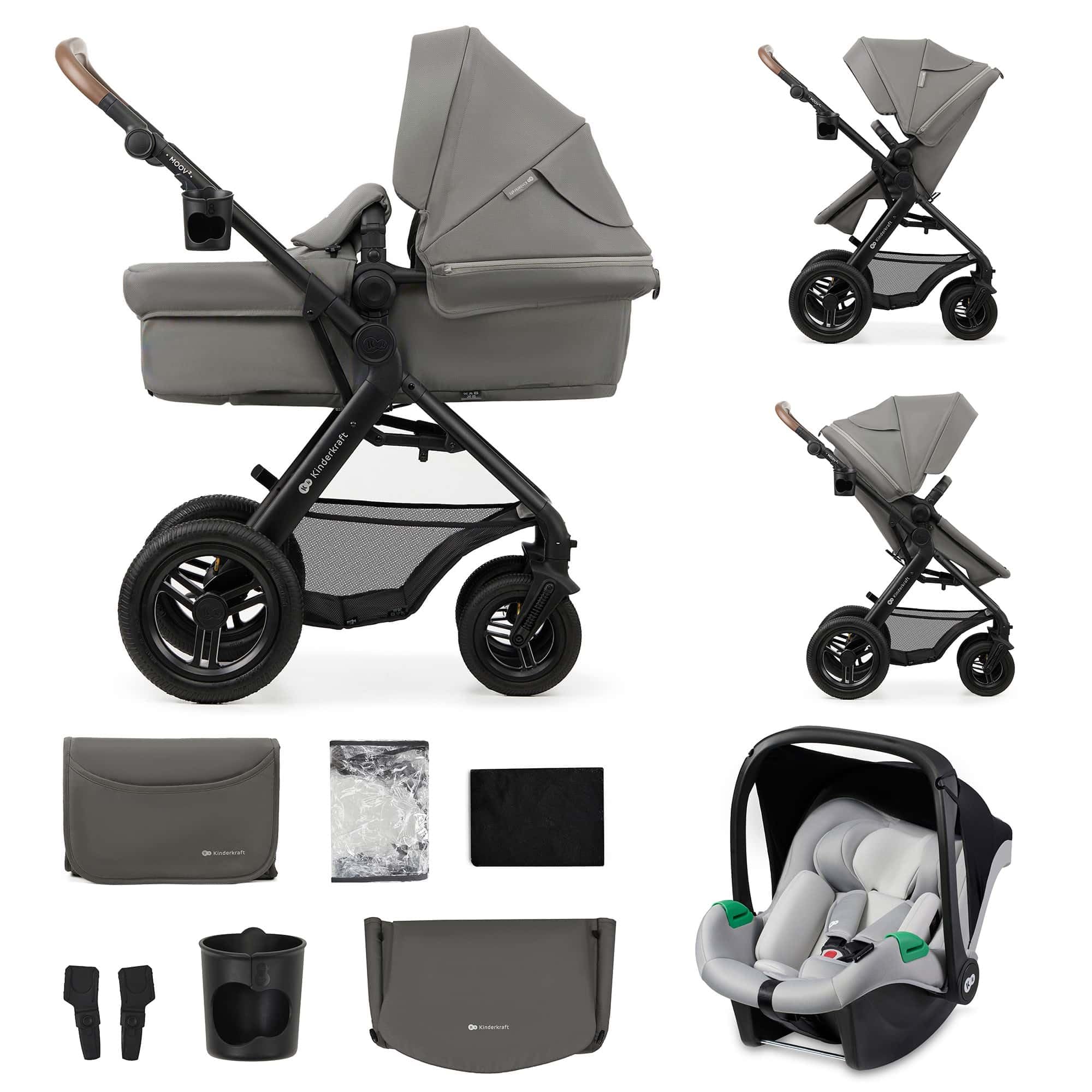 Kinderkraft MOOV2 Carrinho de bebé 3 em 1, EVA, Mink PRO I-Size, sistema de viagem, carrinho para bebé, carrinho de passeio, dobrável, para recém-nascido, desde o nascimento até aos 3 anos, cinzento