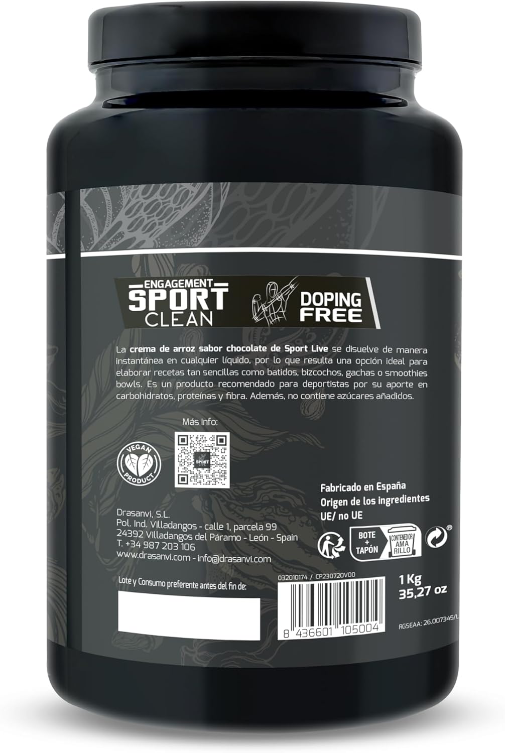 DRASANVI Creme de arroz | Creme de arroz fitness | Energia rápida e sustentada, Hidratos de carbono, fibra e proteínas de qualidade, sem gorduras nem açúcares adicionais, sabor chocolate branco - 1 kg