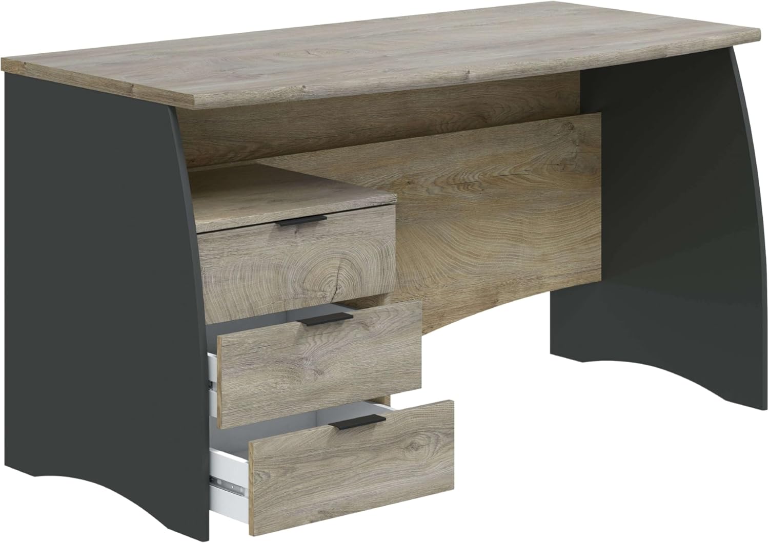 Habitdesign Mesa de escritório com 3 gavetas, mesa de escritório ou estúdio, modelo Stil, acabamento em cinzento antracite e carvalho Alasca, medidas: 136 cm (largura) x 67 cm (fundo) x 74 cm (altura)
