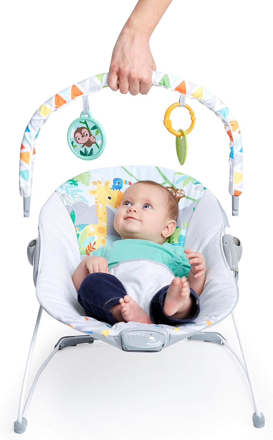 Bright Starts - Vibrador de assento infantil - barra de brinquedos removível, pés antiderrapantes, 0-6 meses a 9 kg (Safari Fun)