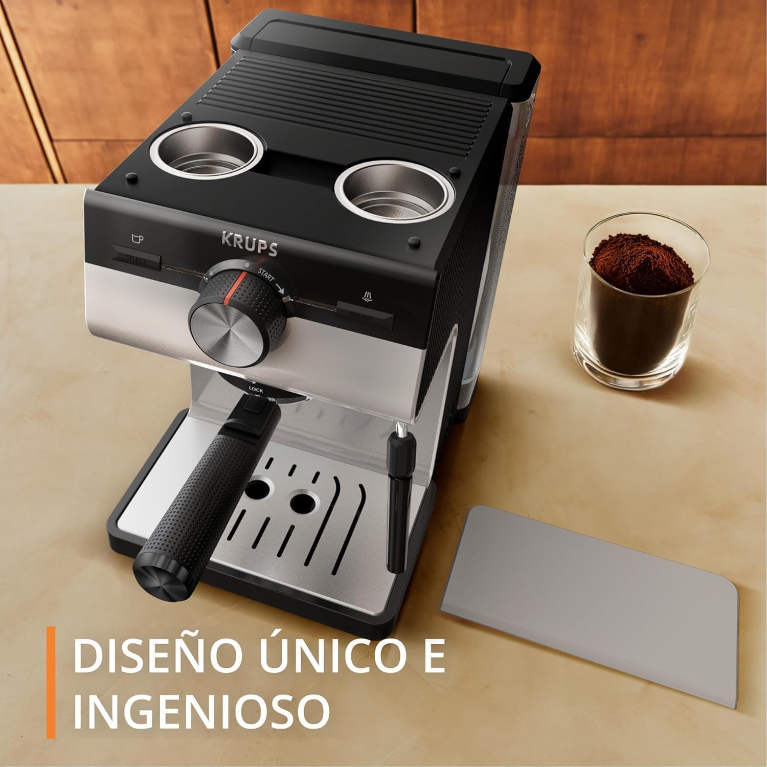 Krups Cafeteira expresso manual, autêntico, 15 barras de pressão, espumador de leite, ajuste manual, colher de medição e compactador, depósito de 2 l de capacidade, Inox, XP381B